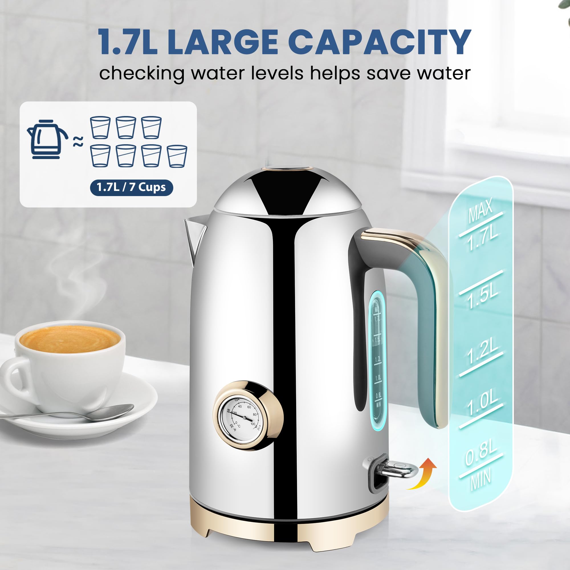 SUSTEAS Electric Kettle - 57oz Hot Tea Water Boiler with Thermometer, 1500W Fast Heating Stainless Steel Pot, Cordless LED Indicator, Auto Shut-Off & Boil Dry Protection, Retro Green