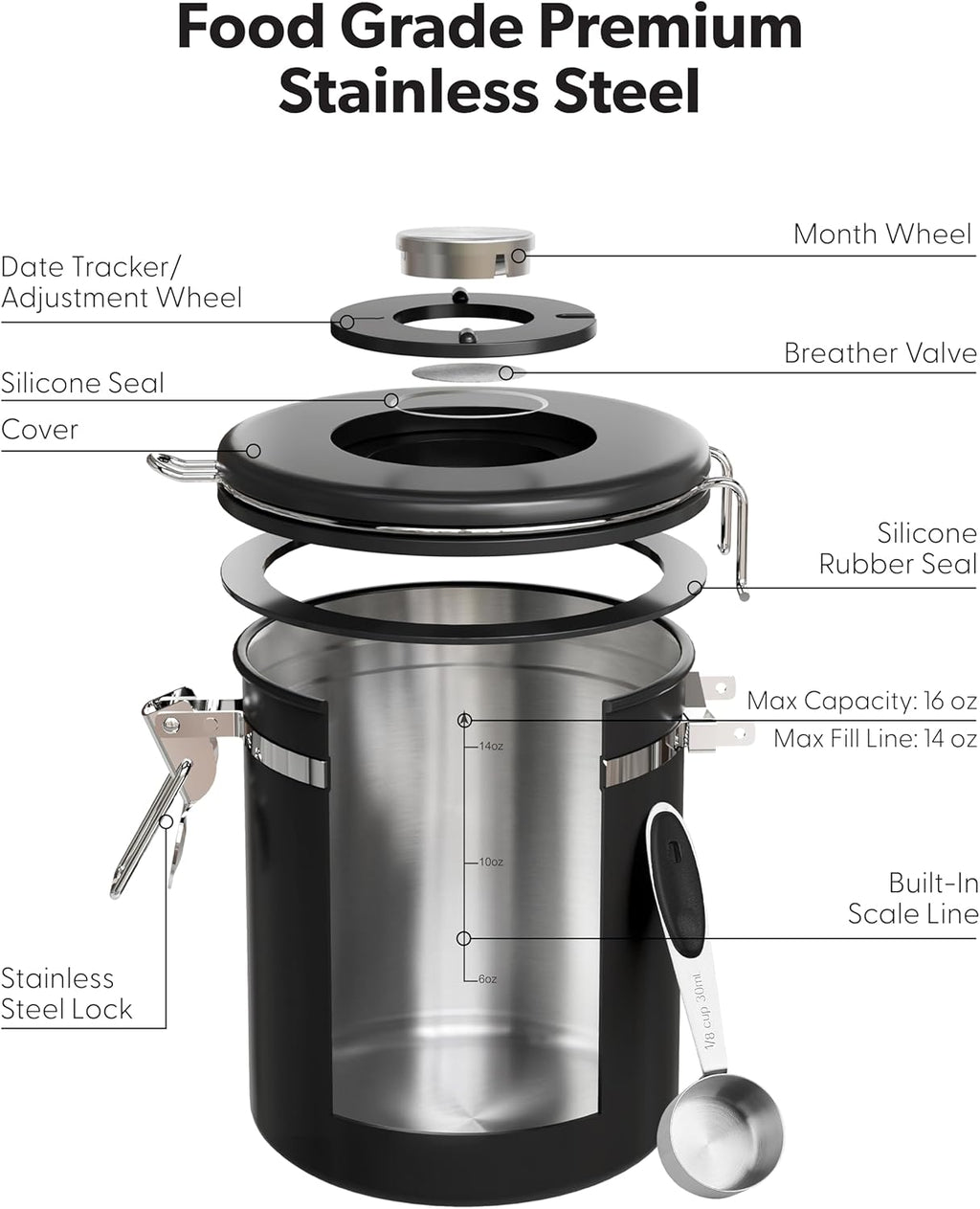 Veken Coffee Canister with Window,Airtight Stainless Steel Kitchen Food Storage Container, Date Tracker & Scoop for Grounds Coffee, Beans, Tea,Flour,Cereal,Sugar,22OZ,Copper