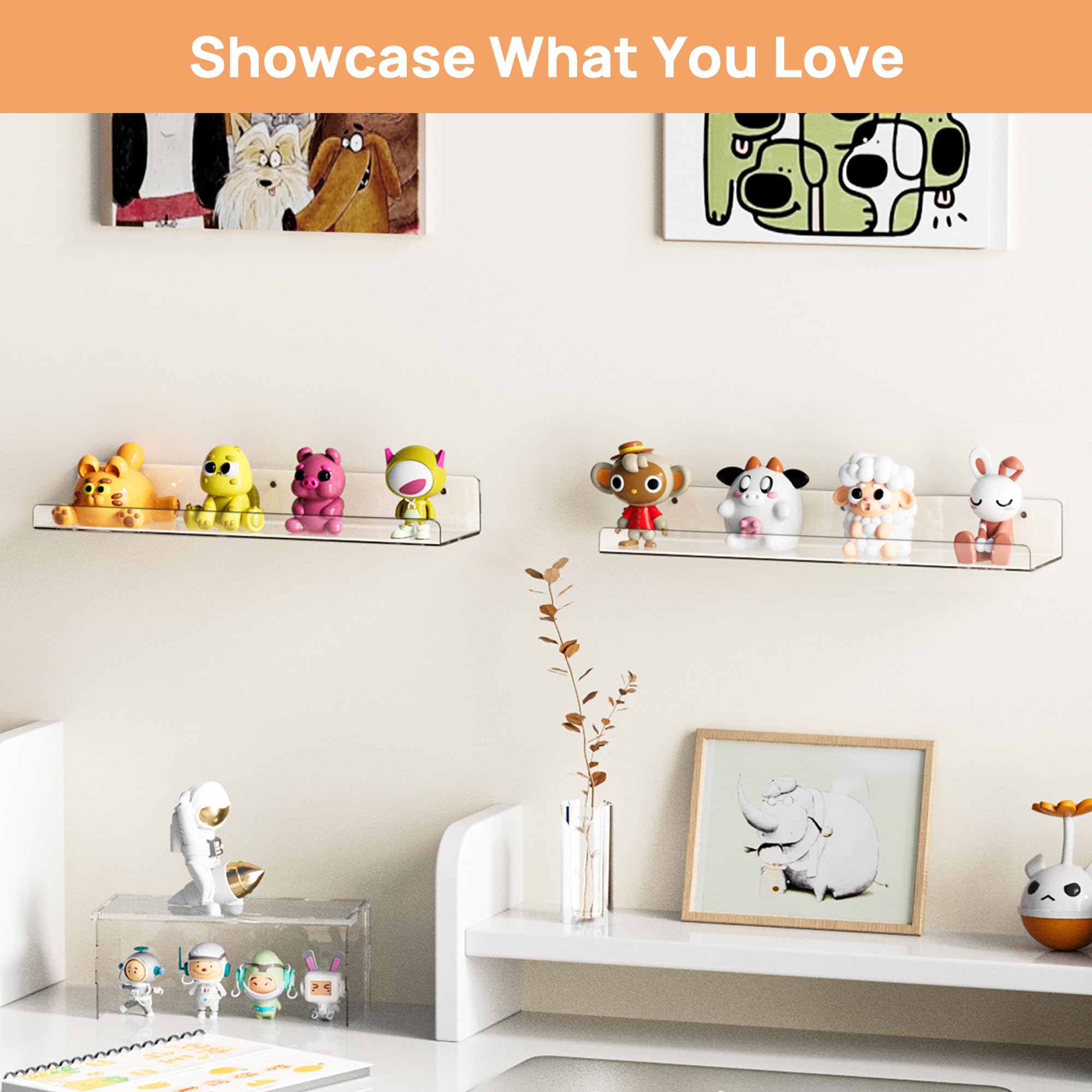 upsimples Acrylic Shelves for Bathroom Storage, 15" Floating Shelves Wall Organizer for Perfume, Make up, Skincare, Kids Bookshelf for Bedroom, Nursery, Living Room Decor, Clear, 4 Pack