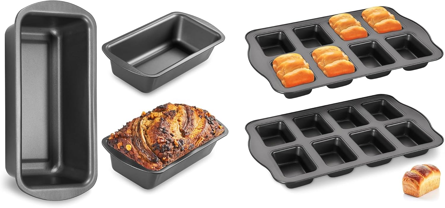HONGBAKE 2 Pack Mini Loaf Baking Pans 8-Cavity & 3 Pack Loaf Pan
