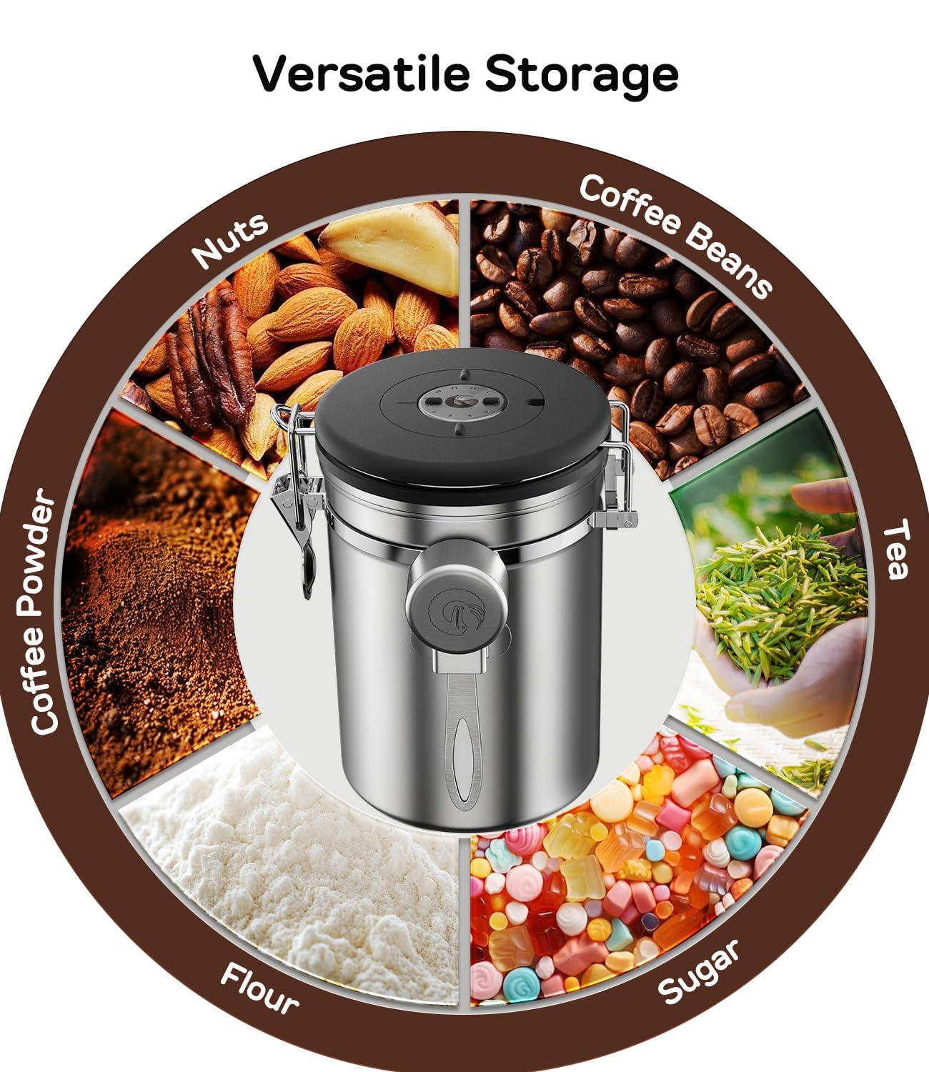 Coffee Gator Stainless Steel Canister - Medium 16oz, Gray Coffee Grounds and Beans Container with Date-Tracker, CO2-Release Valve, and Measuring Scoop - Ideal Coffee Lovers Gifts