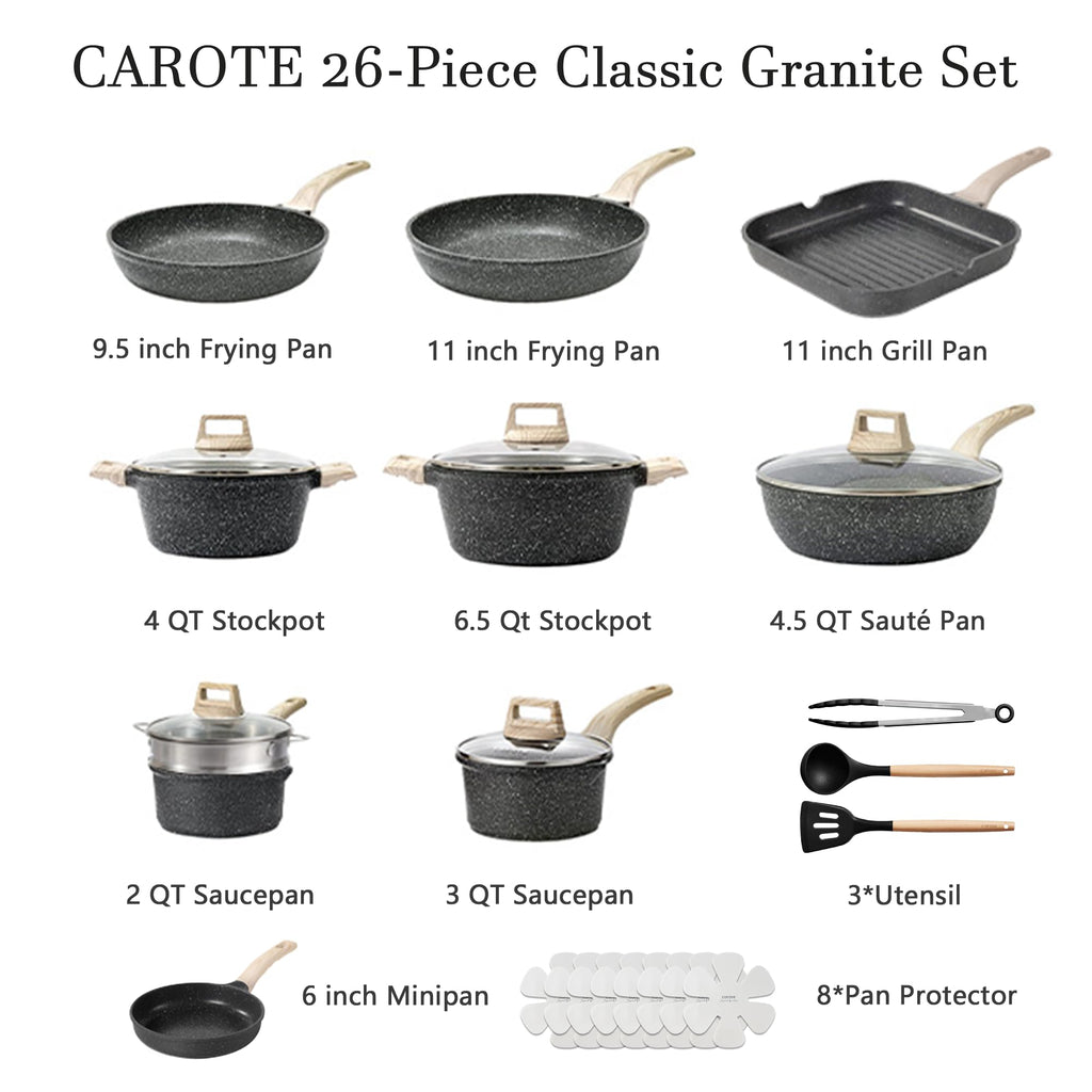 CAROTE 21Pcs Pots and Pans Set, Nonstick Cookware Sets, White Granite Induction Cookware Non Stick Cooking Set w/Frying Pans & Saucepans(PFOS, PFOA Free)