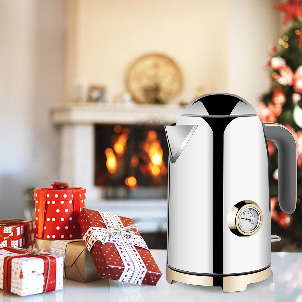 SUSTEAS Electric Kettle - 57oz Hot Tea Water Boiler with Thermometer, 1500W Fast Heating Stainless Steel Pot, Cordless LED Indicator, Auto Shut-Off & Boil Dry Protection, Retro Green
