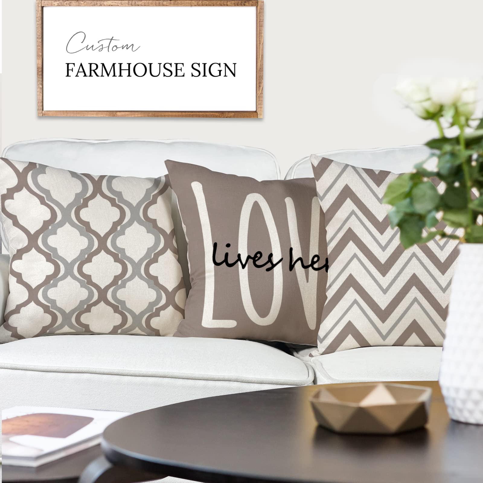 YCOLL Farmhouse Pillow Covers 18x18 Set of 4 Throw Pillow Covers Rustic Linen Decorative Pillows Square Cushion Covers for Couch Sofa Bedroom Home Decor