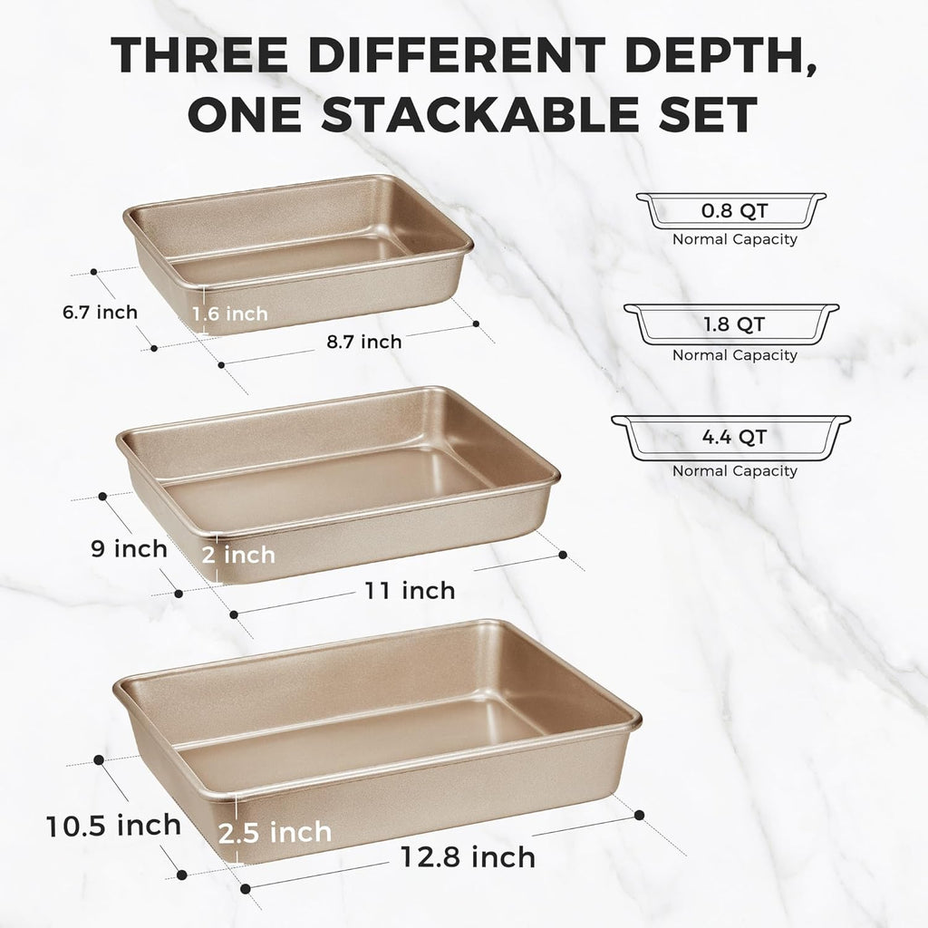 HONGBAKE Deep Baking Pans Set for Oven, Nonstick Rectangle Sheet Cake Pans for Baking, 13/11/9 Inch Rectangular Oven Tray for Cooking Brownie Lasagna, Stackable Multi-Depth Bakeware, Golden