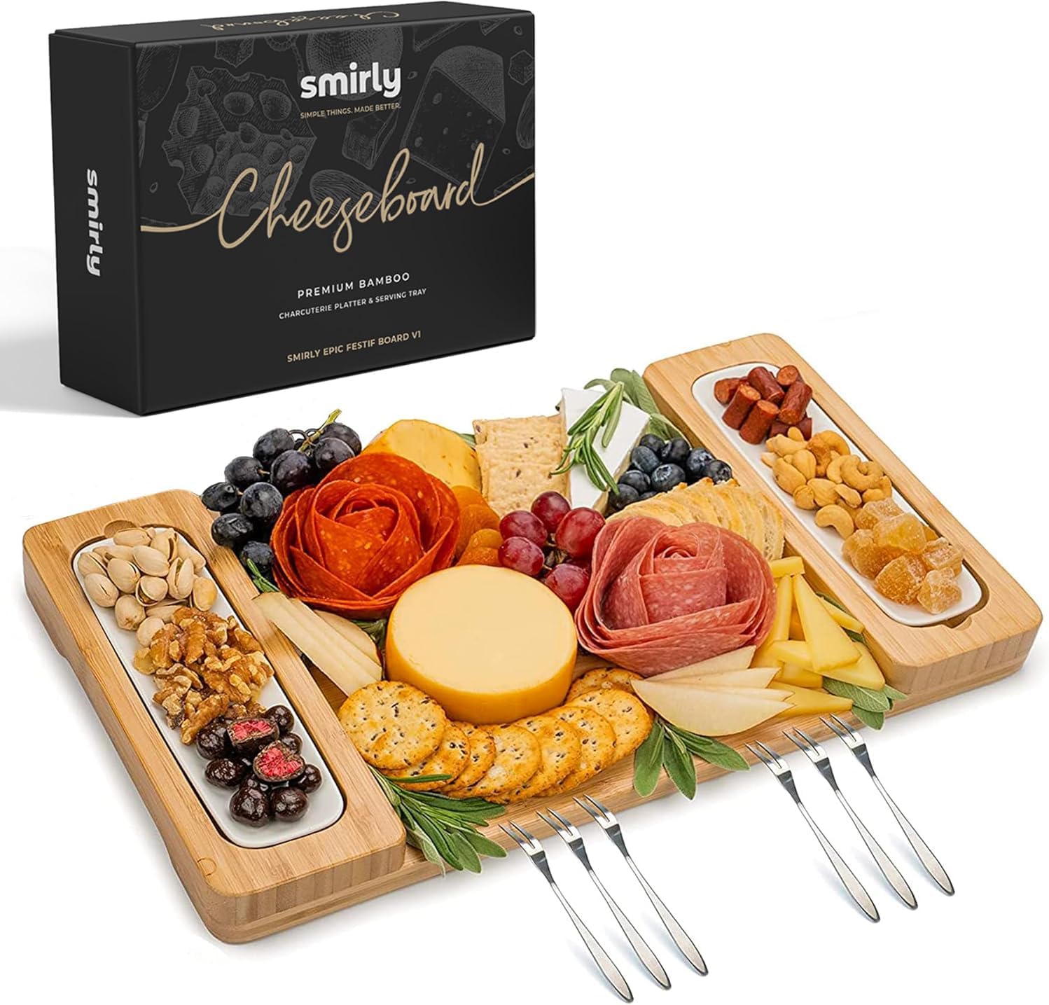 SMIRLY Charcuterie Board Set: Bamboo Rectangular Rustic Brown Cheese Board with Charcuterie Accessories & Round Fruit Tray - Perfect for Entertaining, Gifting, and Serving