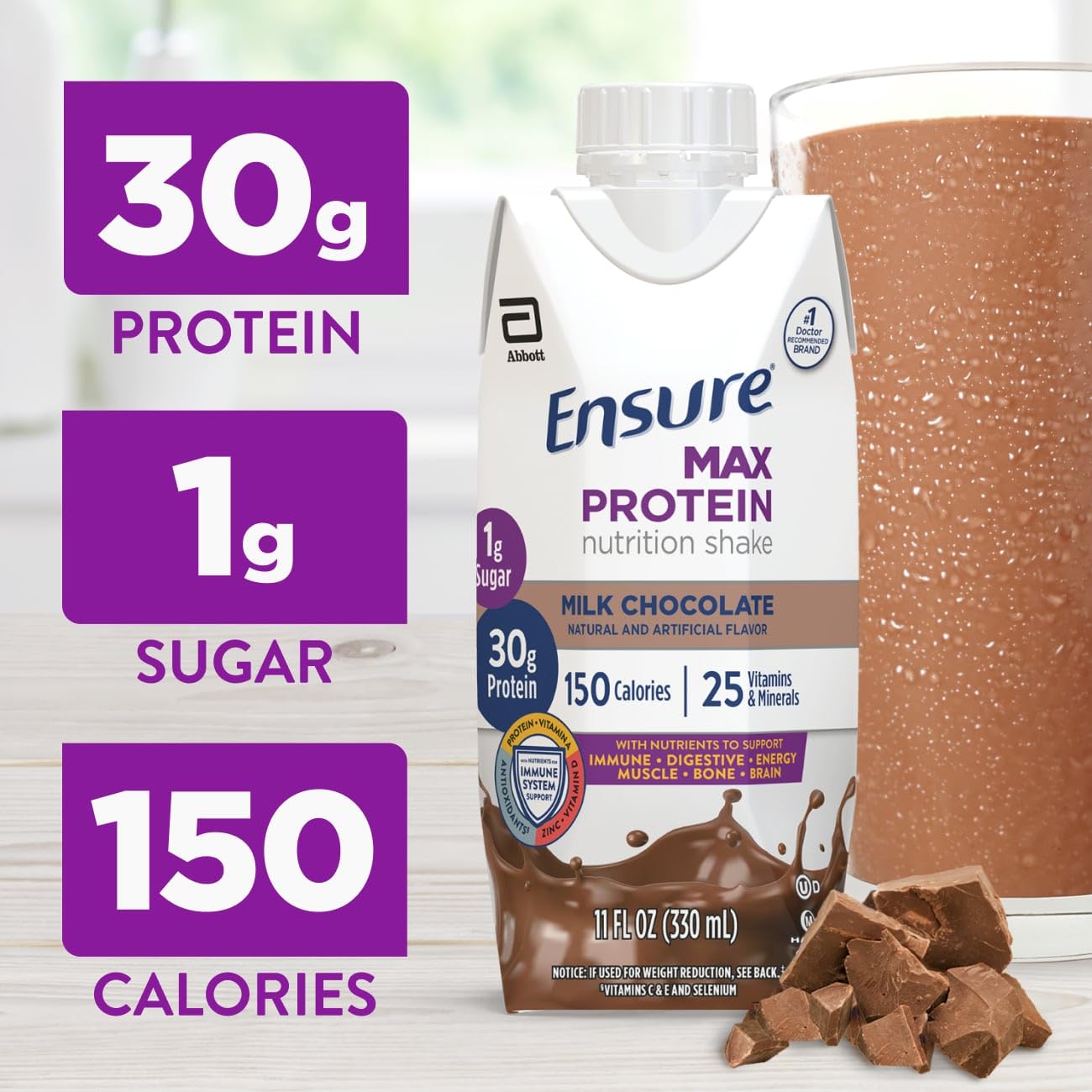 Ensure Max Protein Shake | French Vanilla | Ready to Drink | 30g Protein for Muscle Health | 1g Sugar, 4g Fiber | 11 fl oz, 12 Pack