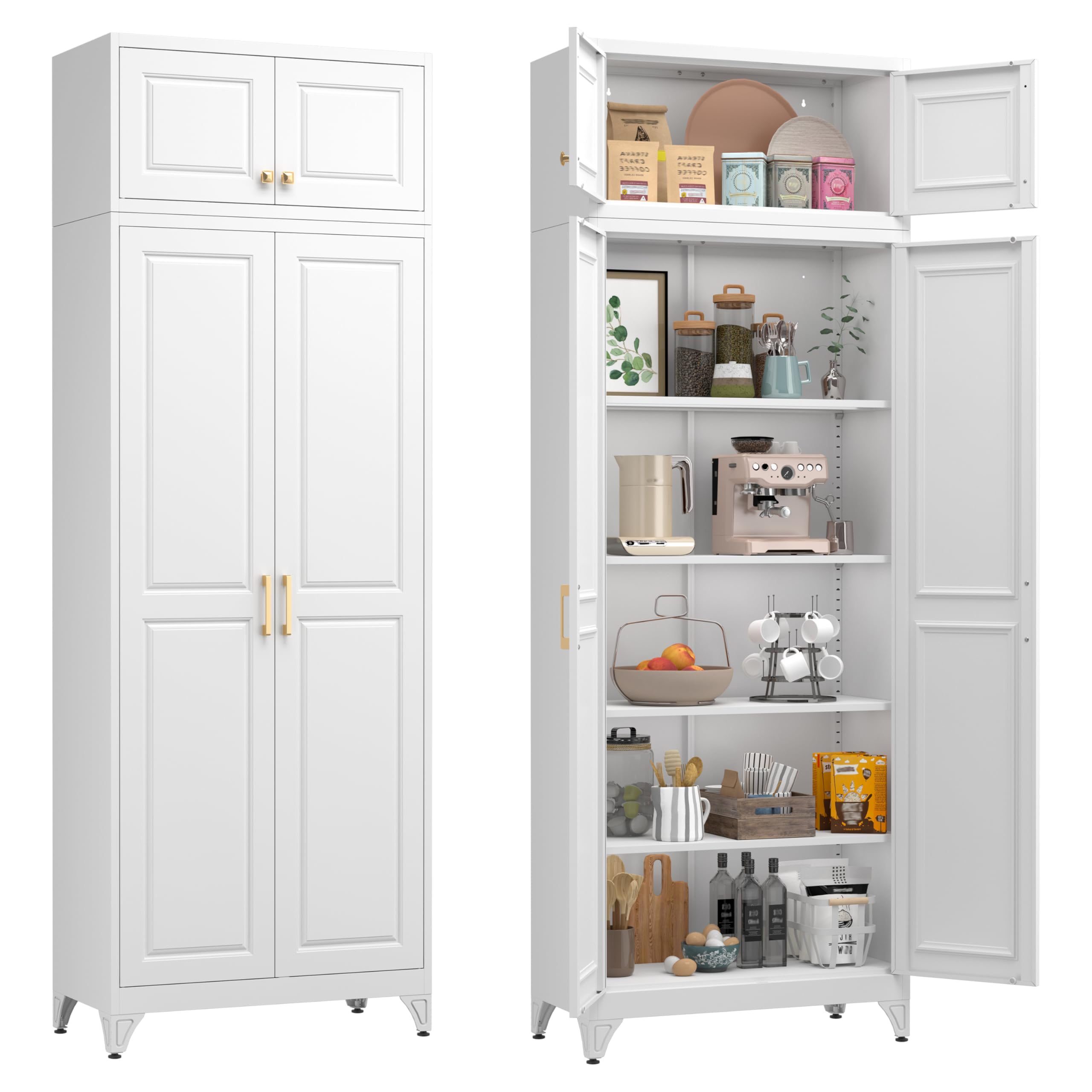 75" Tall Metal Kitchen Storage Cabinet,White Kitchen Pantry Storage Cabinet with Doors and 4 Adjustable Shelves,Utility Cabinet for Living Room,Garage,Dining Room and Office,Assemble Required