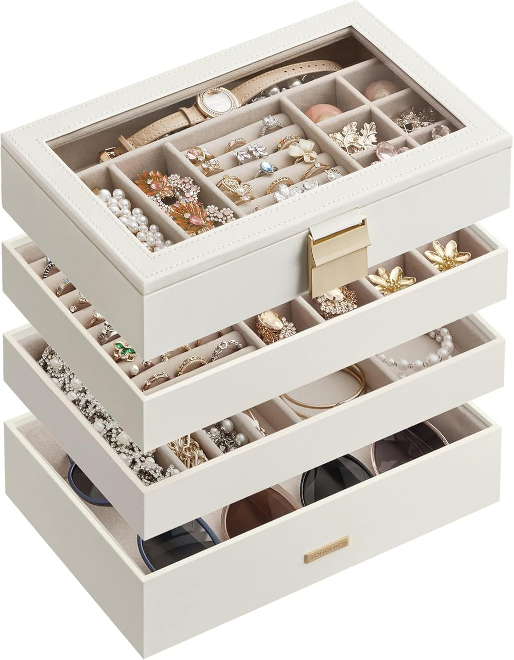SONGMICS Stackable Jewelry Trays, 4-Tier Jewelry Box, Drawer Jewelry Organizer, with Glass Lid, Removable Dividers, for Vanity Table, 6.7 x 11 x 7.2 Inches, Gift Idea, Cloud White UJBC164W01