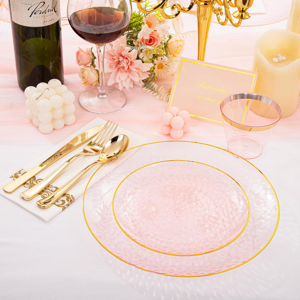 DaYammi 350PCS Clear Gold Plastic Dinnerware Set for 50 Guests, Hammered Disposable Plates for Party, Include: 50 Dinner Plates, 50 Dessert Plates, 150 Gold Silverware, 50 Napkins, 50 Cups