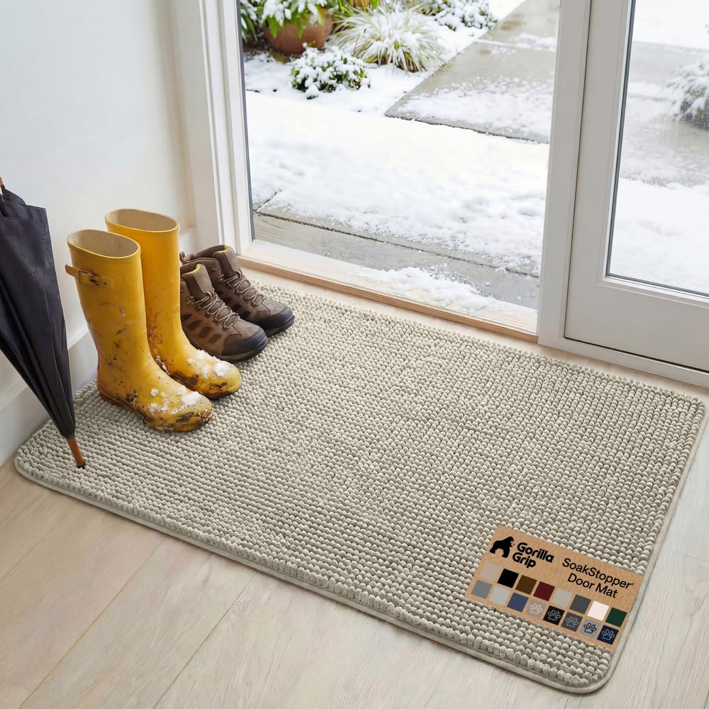 GORILLA GRIP SoakSTOPPER Dog Door Mat, Machine Washable Rug Absorbent Doormat Captures Moisture Mud Dirt, Quick Dry Soft Chenille Entryway Rugs Indoor Entrance Mats for Dog Paws, 24x17 Grey