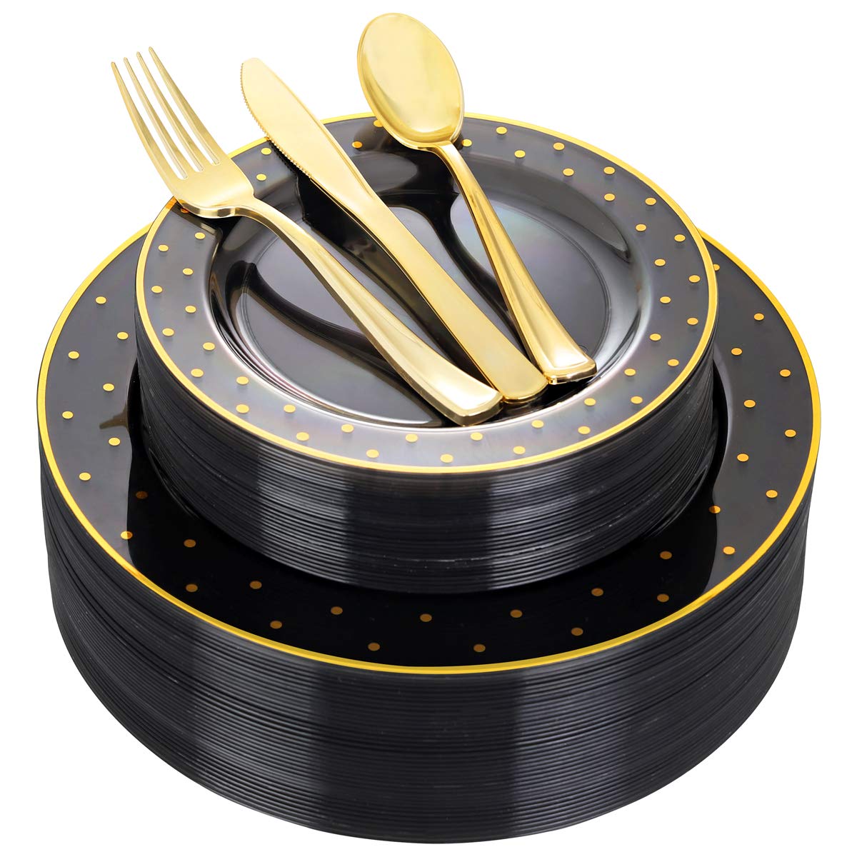 DaYammi 150Pcs Gold Plastic Plates with Disposable Silverware,White Gold Disposable Dinnerware Set - 30 Dinner Plate,30 Dessert Plate,90 Gold Cutlery with White Handles,Fancy Plates for Party Wedding