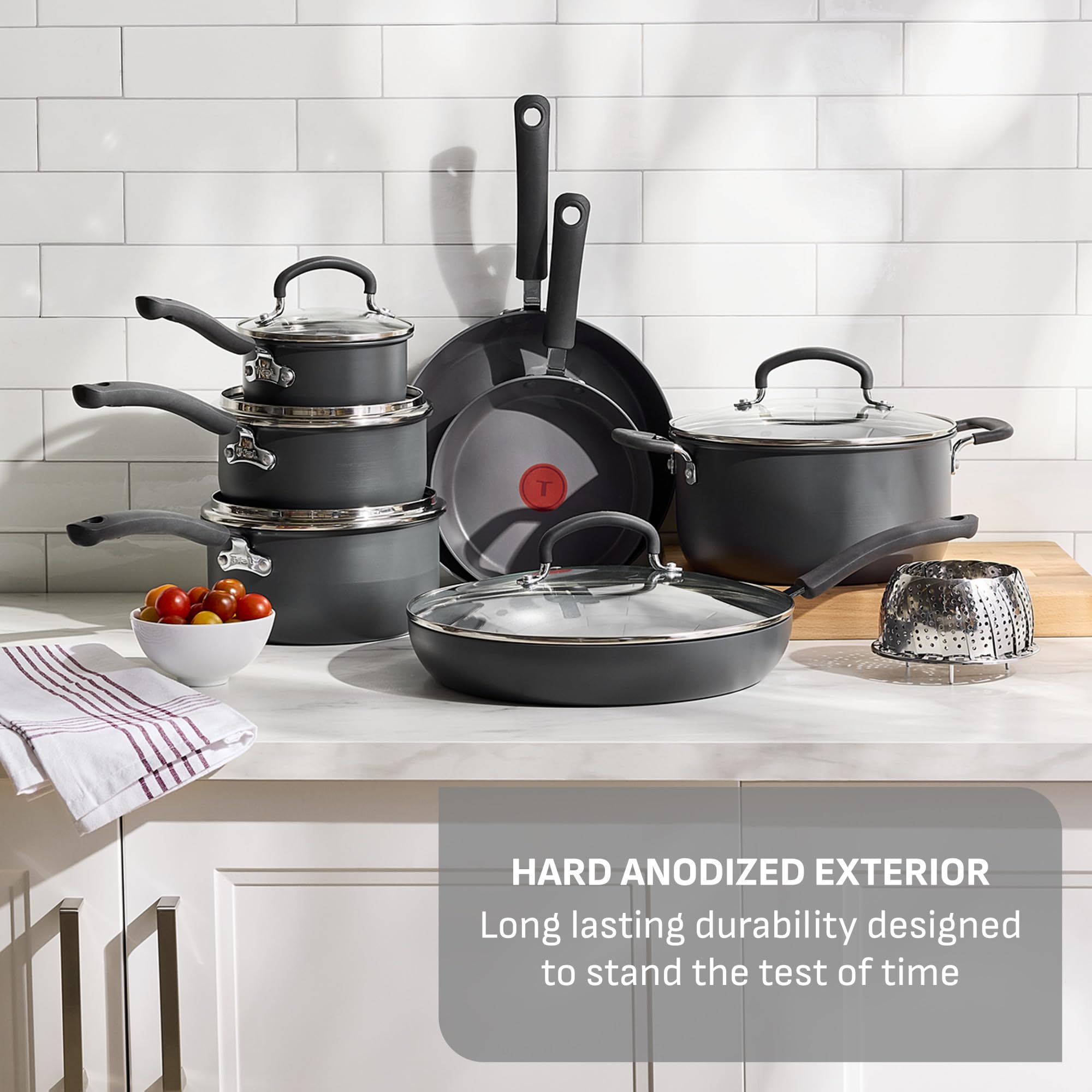 T-Fal Ultimate Hard Anodized Nonstick Pots and Pans Set 17 Piece, Nonstick Cookware Set with Fry Pan, Saucepans, Saute-Pan, Griddle, Dishwasher Safe, Onyx
