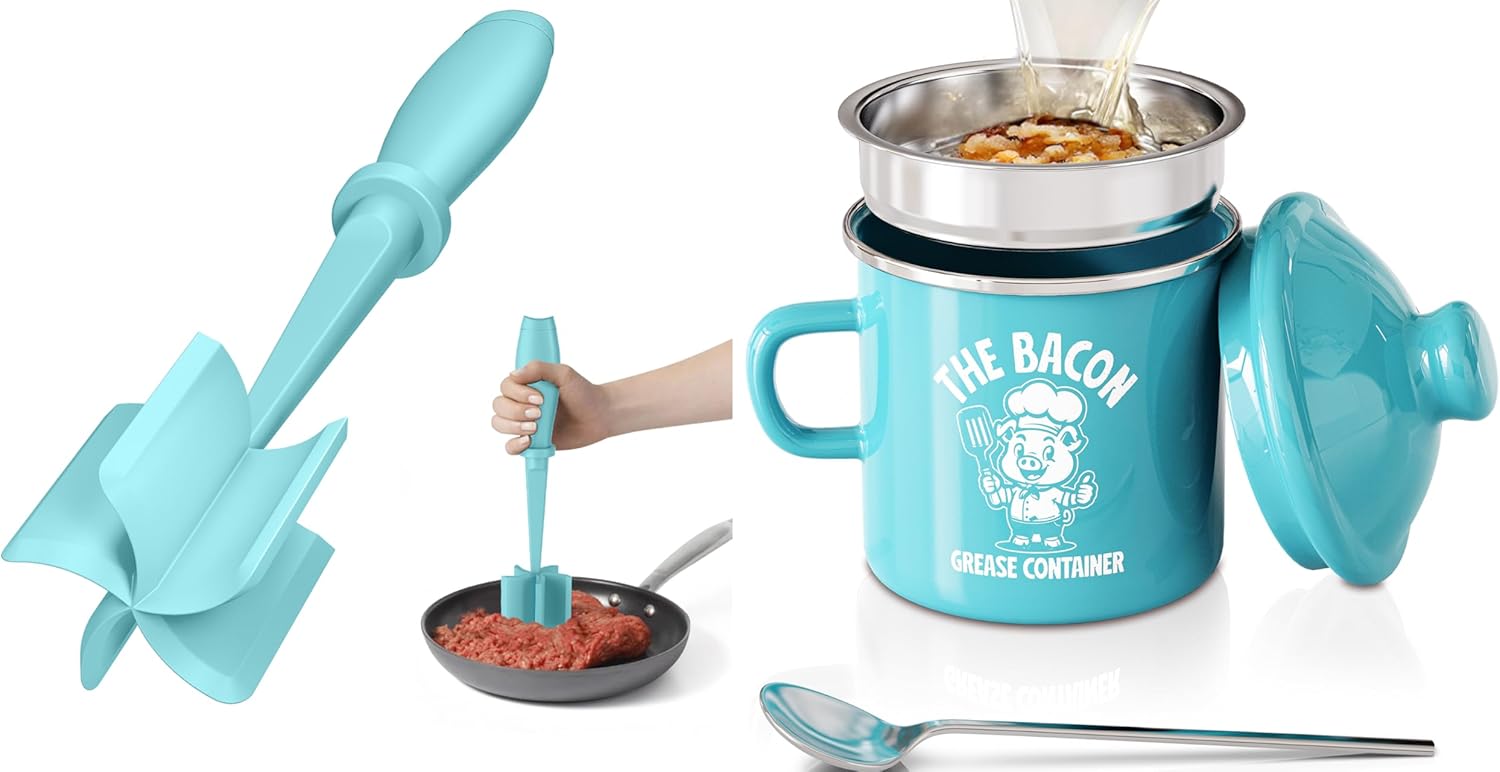 Aqua Meat Chopper And 15OZ Blue Bacon Grease Saver