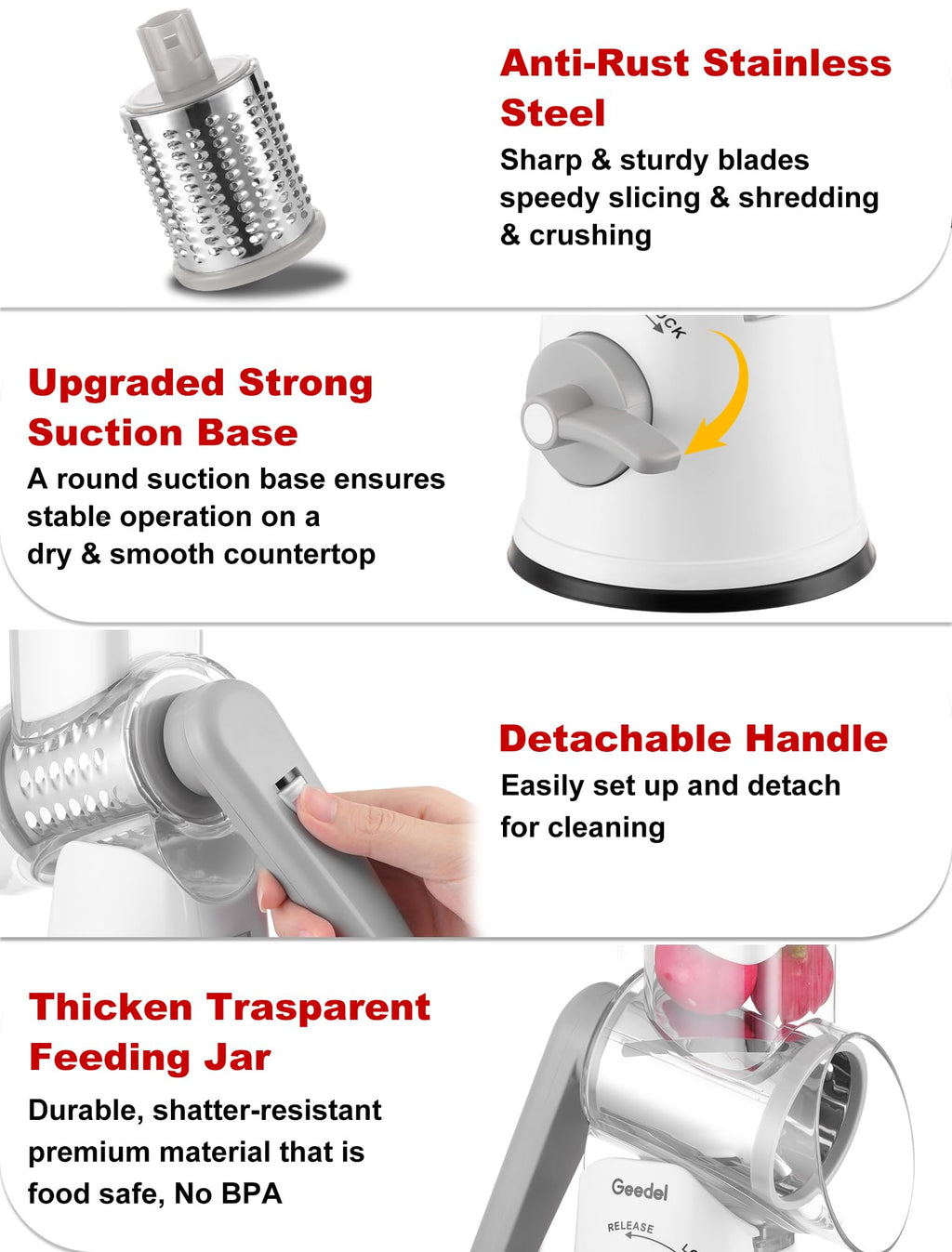Geedel Rotary Cheese Grater, Kitchen Mandoline Vegetable Slicer with 3 Interchangeable Blades, Easy to Clean Rotary Grater Slicer for Fruit, Vegetables, Nuts