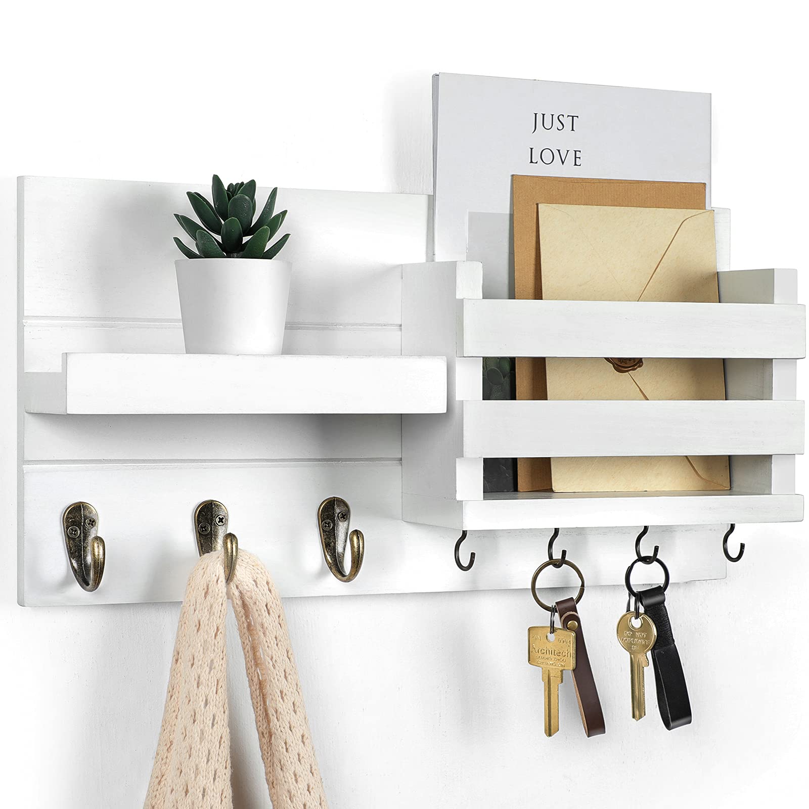 Mail Organizer for Wall Mount – Key Holder with Shelf Includes Letter Holder and Hooks for Coats, Dog Leashes – Rustic Wood with Flush Mounting Hardware (16.5” x 8.7” x 3.5”)