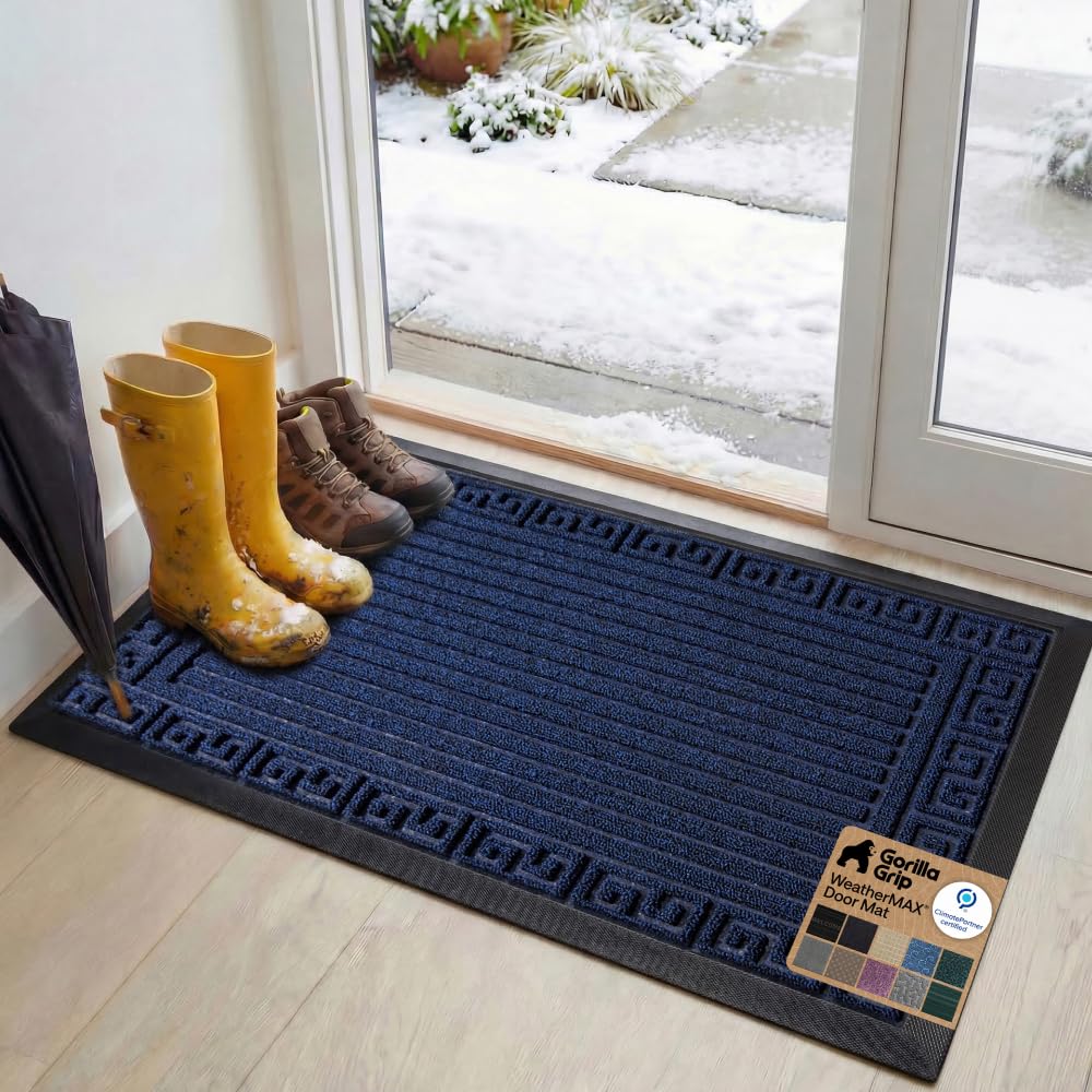 GORILLA GRIP 100% Waterproof All-Season WeatherMAX Doormat US Designed Natural Rubber, Stain Fade Resistant, Low Profile Indoor Outdoor Front Door Mats Outside Entrance, Easy Clean 29x17 Gray Diamond