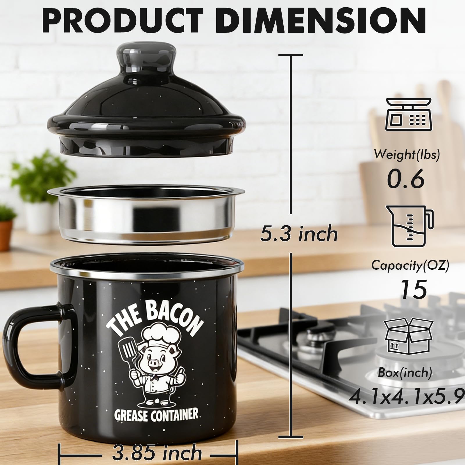 PGYARD Mini Bacon Grease Saver With Strainer - 15OZ Enamel Grease Container, Farmhouse Bacon Grease Keeper For Kitchen Fat Storage, Dishwasher Safe-Red