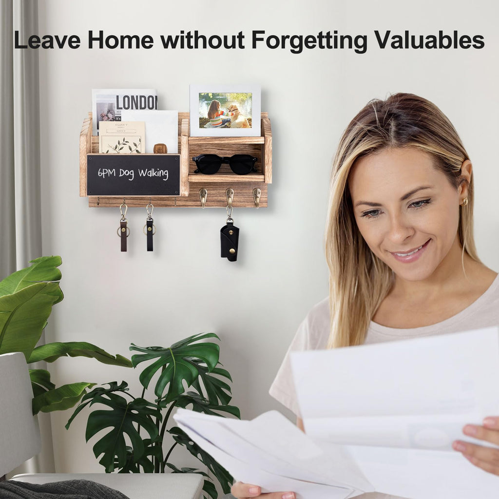 Mail and Key Holder – Wall Mount Key Hanger with Shelf and 7 Metal Hooks – Decorative Natural Paulownia Wood Entryway Organizer with Mounting Hardware (16.5”W x 8.7”H x 3.5”D) (Brown)