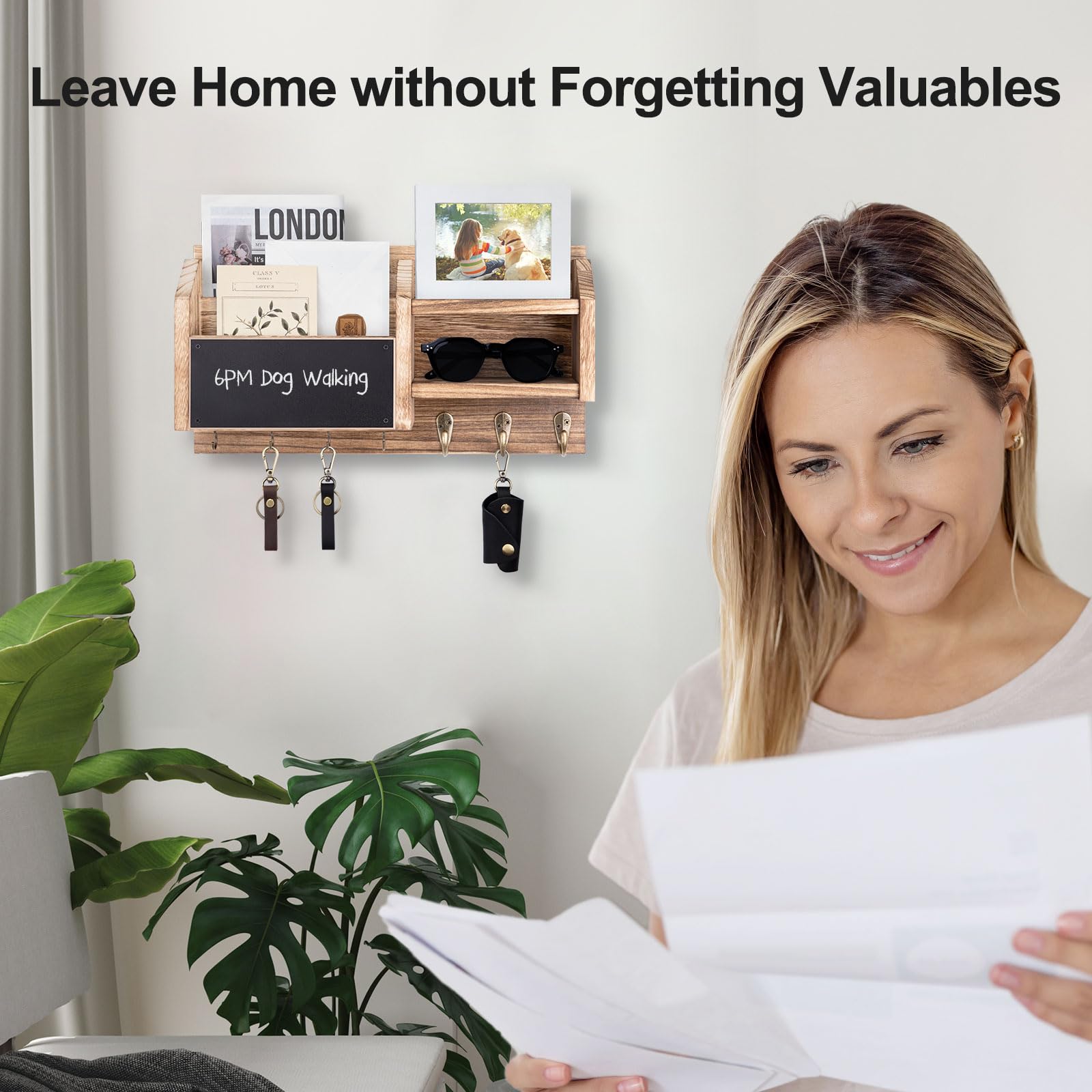 Mail and Key Holder – Wall Mount Key Hanger with Shelf and 7 Metal Hooks – Decorative Natural Paulownia Wood Entryway Organizer with Mounting Hardware (16.5”W x 8.7”H x 3.5”D) (Brown)