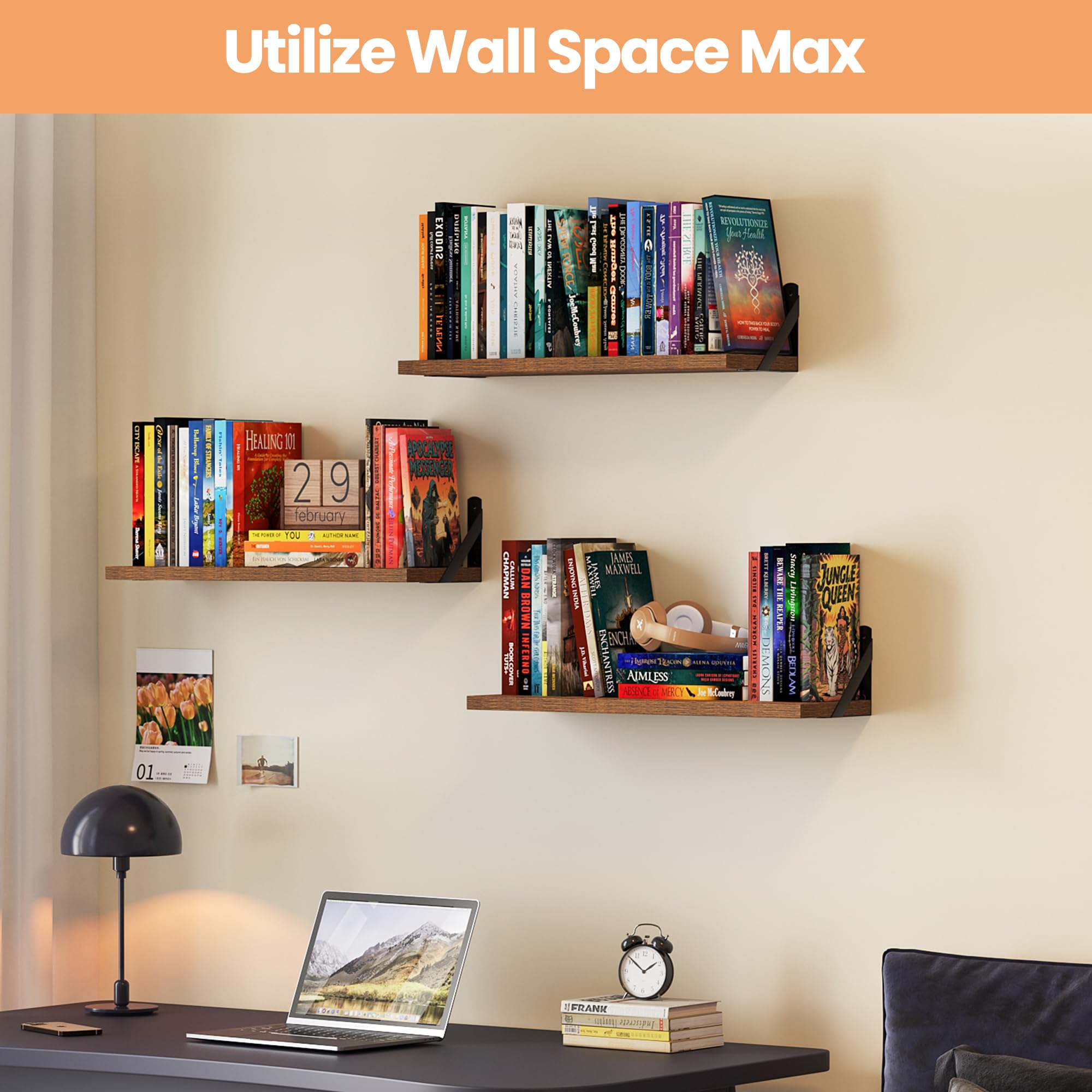 upsimples Floating Book Shelves for Wall, 15.7 Inches Wood Shelves for Living Room, Bathroom, Bedroom, Kitchen Storage and Decoration, White