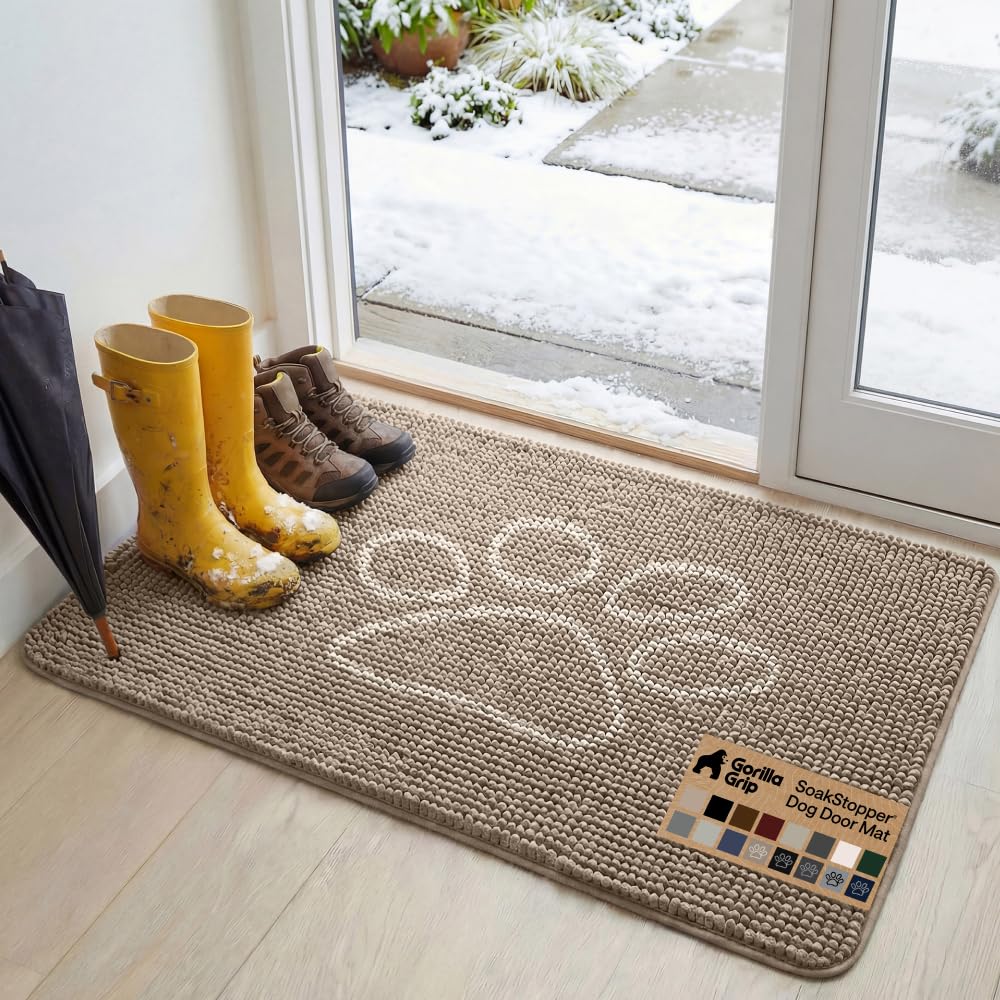 GORILLA GRIP SoakSTOPPER Dog Door Mat, Machine Washable Rug Absorbent Doormat Captures Moisture Mud Dirt, Quick Dry Soft Chenille Entryway Rugs Indoor Entrance Mats for Dog Paws, 24x17 Grey
