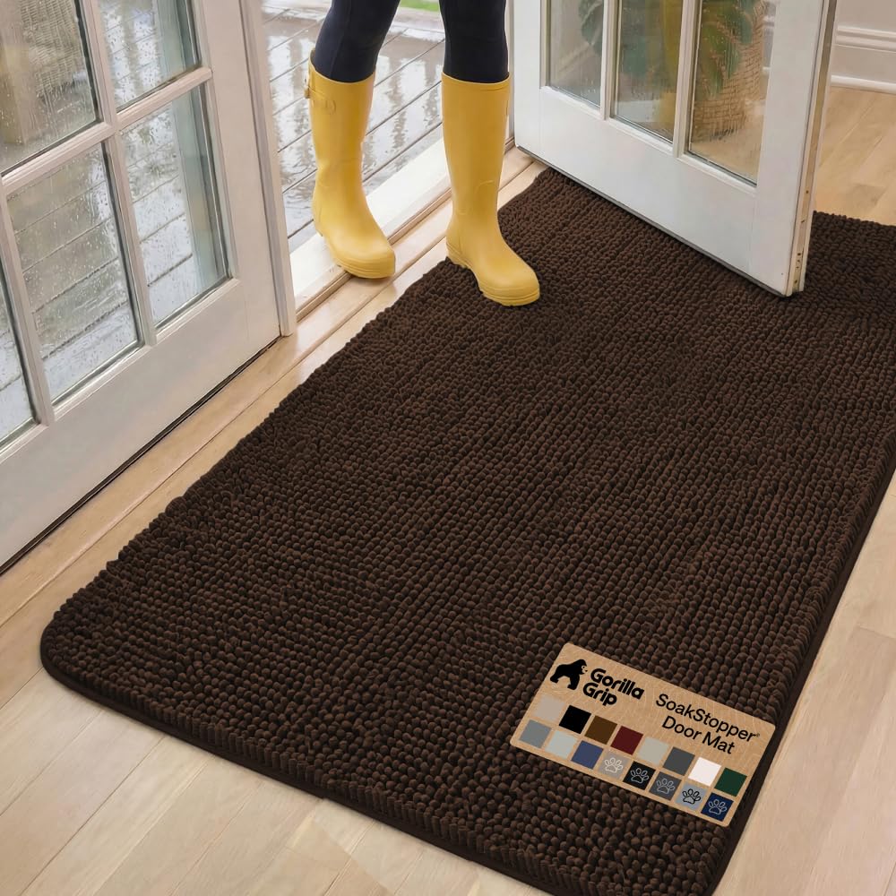 GORILLA GRIP SoakSTOPPER Dog Door Mat, Machine Washable Rug Absorbent Doormat Captures Moisture Mud Dirt, Quick Dry Soft Chenille Entryway Rugs Indoor Entrance Mats for Dog Paws, 24x17 Grey