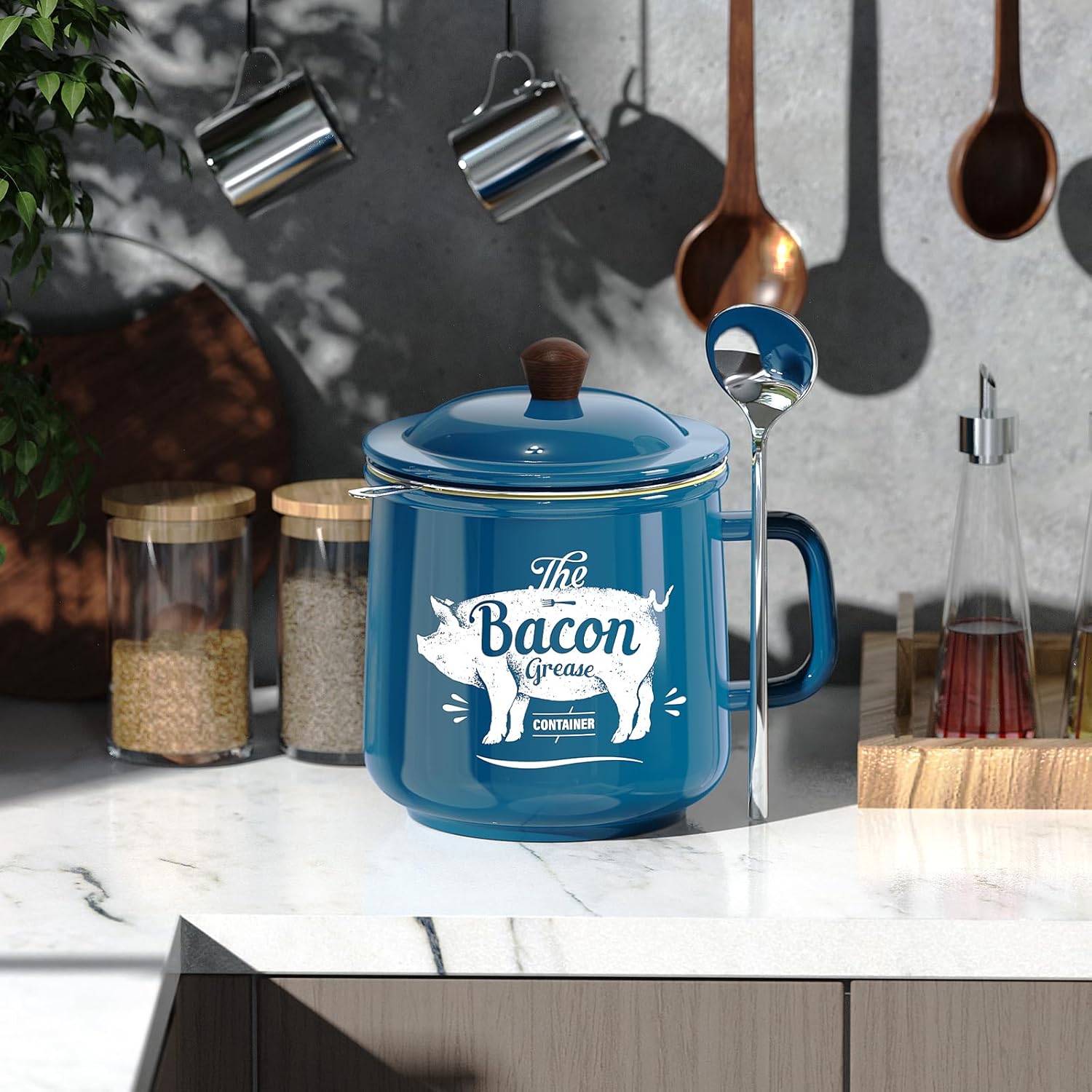 PGYARD Ceramic Bacon Grease Saver With Strainer - 23OZ Bacon Grease Container Farmhouse Keeper For Kitchen Fat Storage-Blue