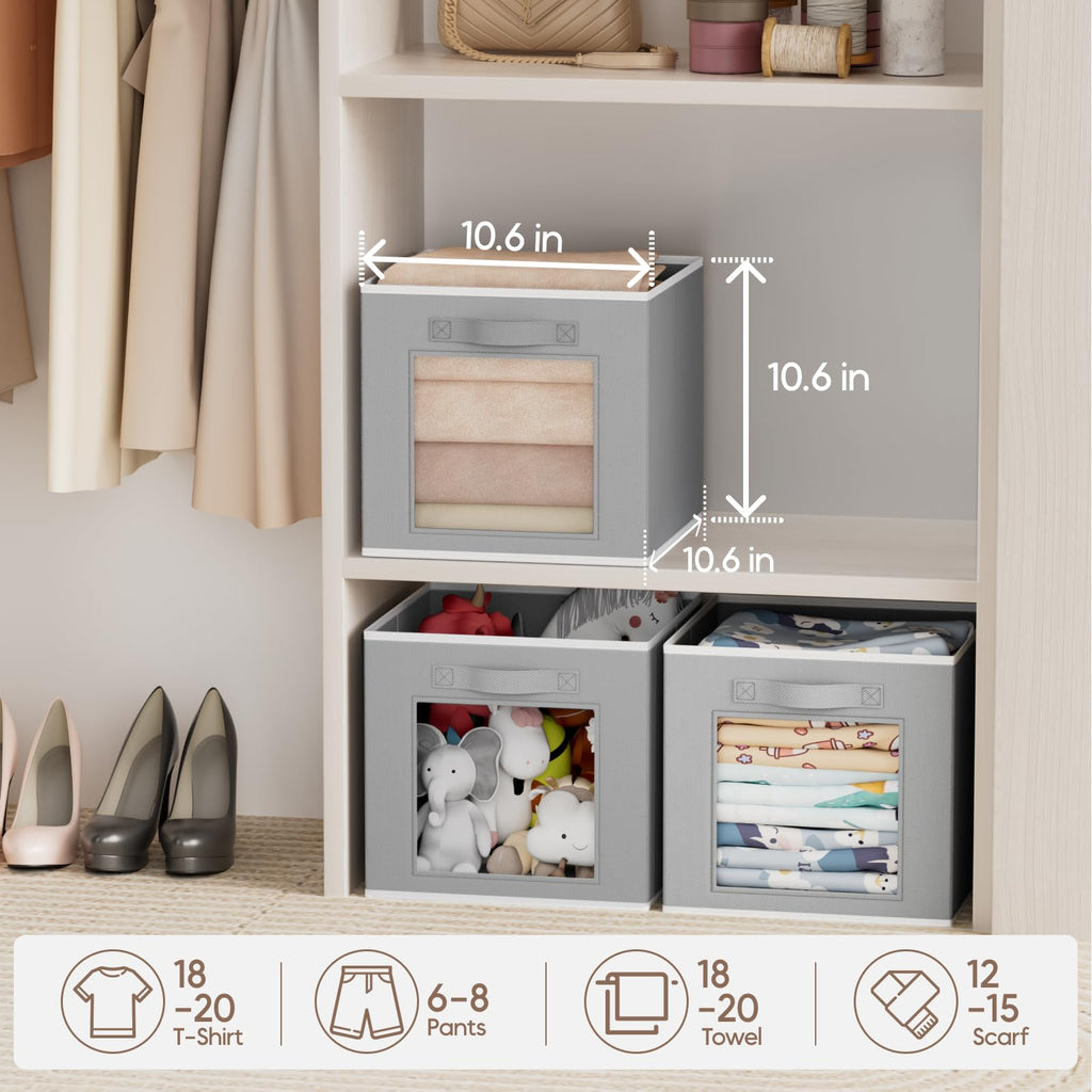 Homsorout Storage Cube 11 Inch - Cube Storage Bins with Window, Closet Storage Baskets with Handle, Fabric Bins for Closet, Shelves, Toys, Clothes, Set of 6, Grey