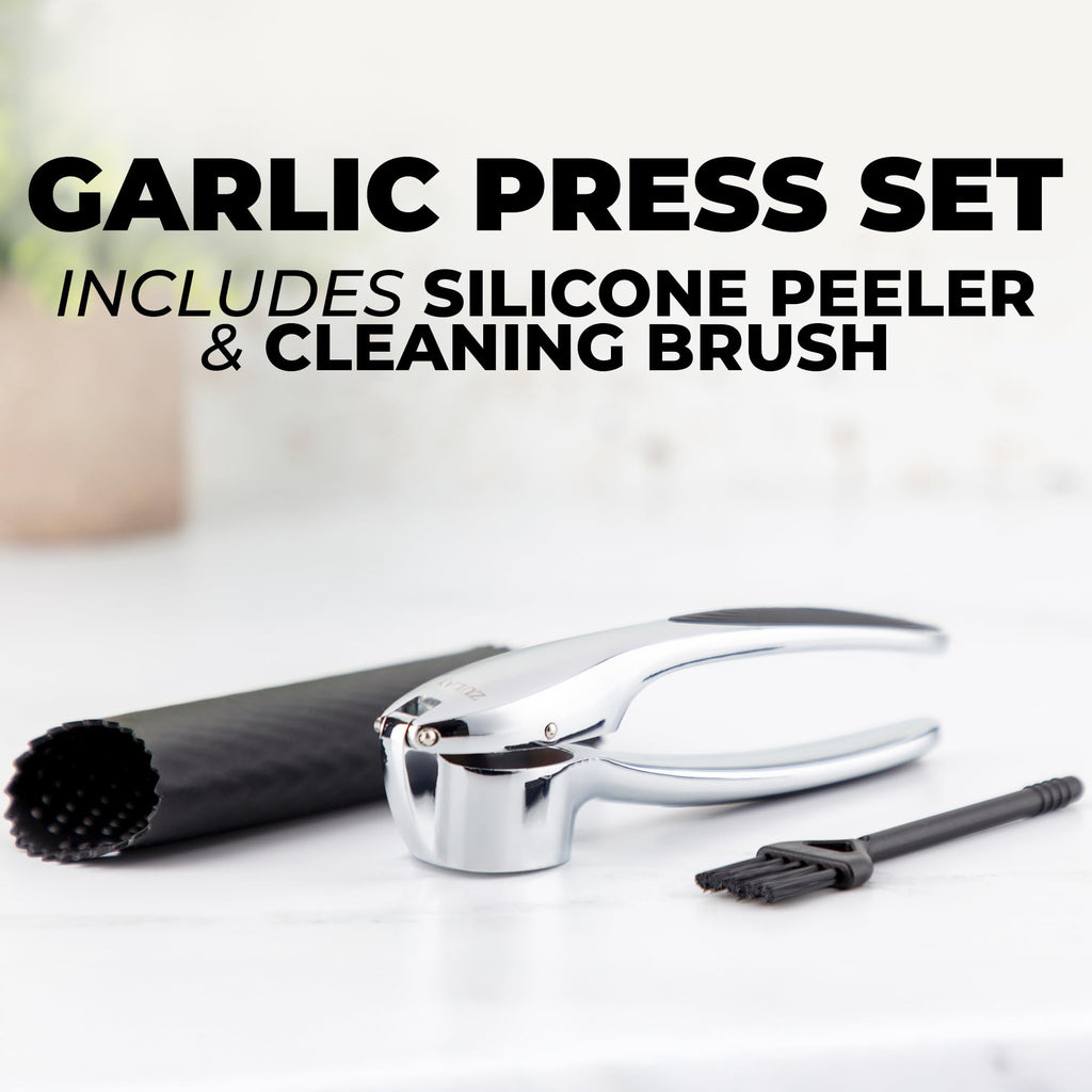 Zulay Kitchen Premium Garlic Press Set - Rust Proof Professional Garlic Mincer Tool - Easy-Squeeze, Easy-Clean with Soft, Ergonomic Handle - Silicone Garlic Peeler & Brush (Silver)