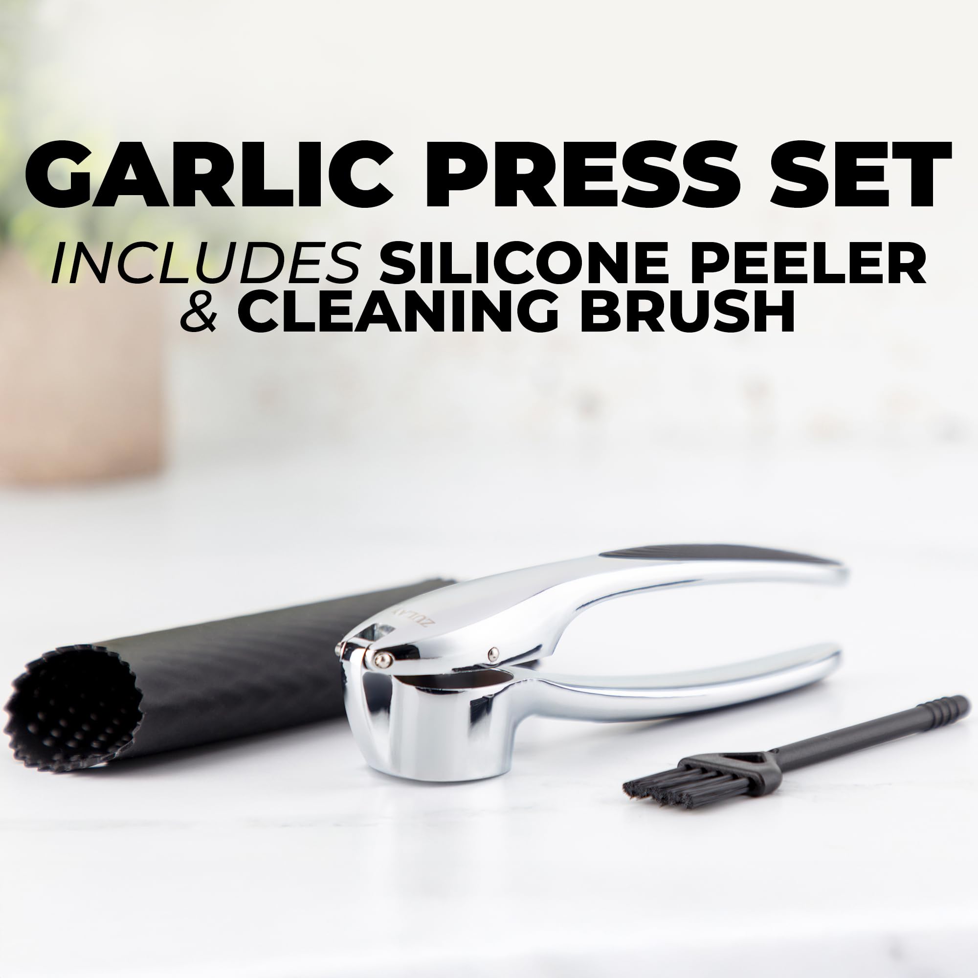 Zulay Kitchen Premium Garlic Press Set - Rust Proof Professional Garlic Mincer Tool - Easy-Squeeze, Easy-Clean with Soft, Ergonomic Handle - Silicone Garlic Peeler & Brush (Silver)