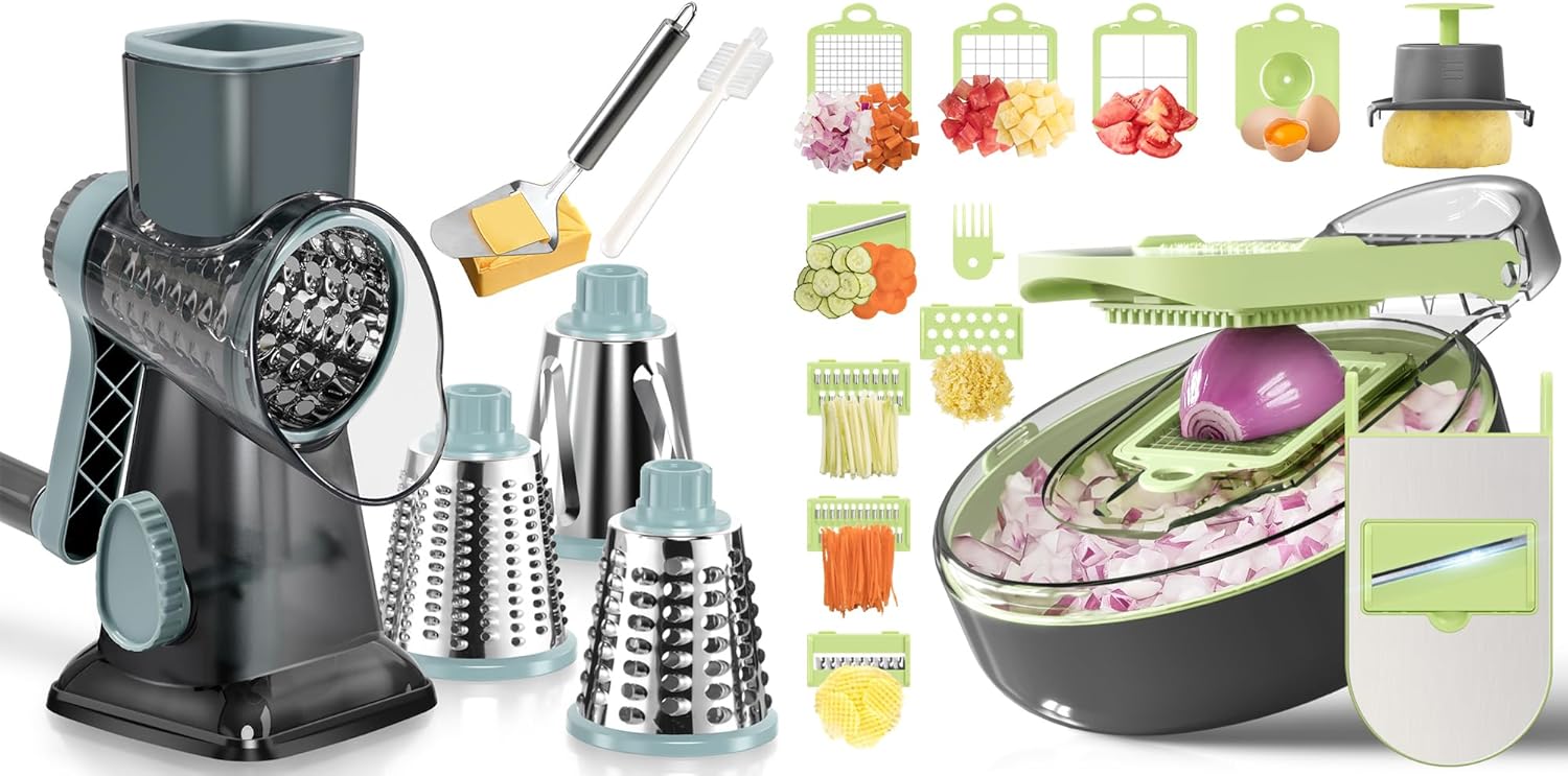 KEOUKE Rotary Cheese Grater with Handle Vegetable Cheese Shredder Slicer Grater with Vegetable Chopper Cutter 13 in 1 Veggie Chopper