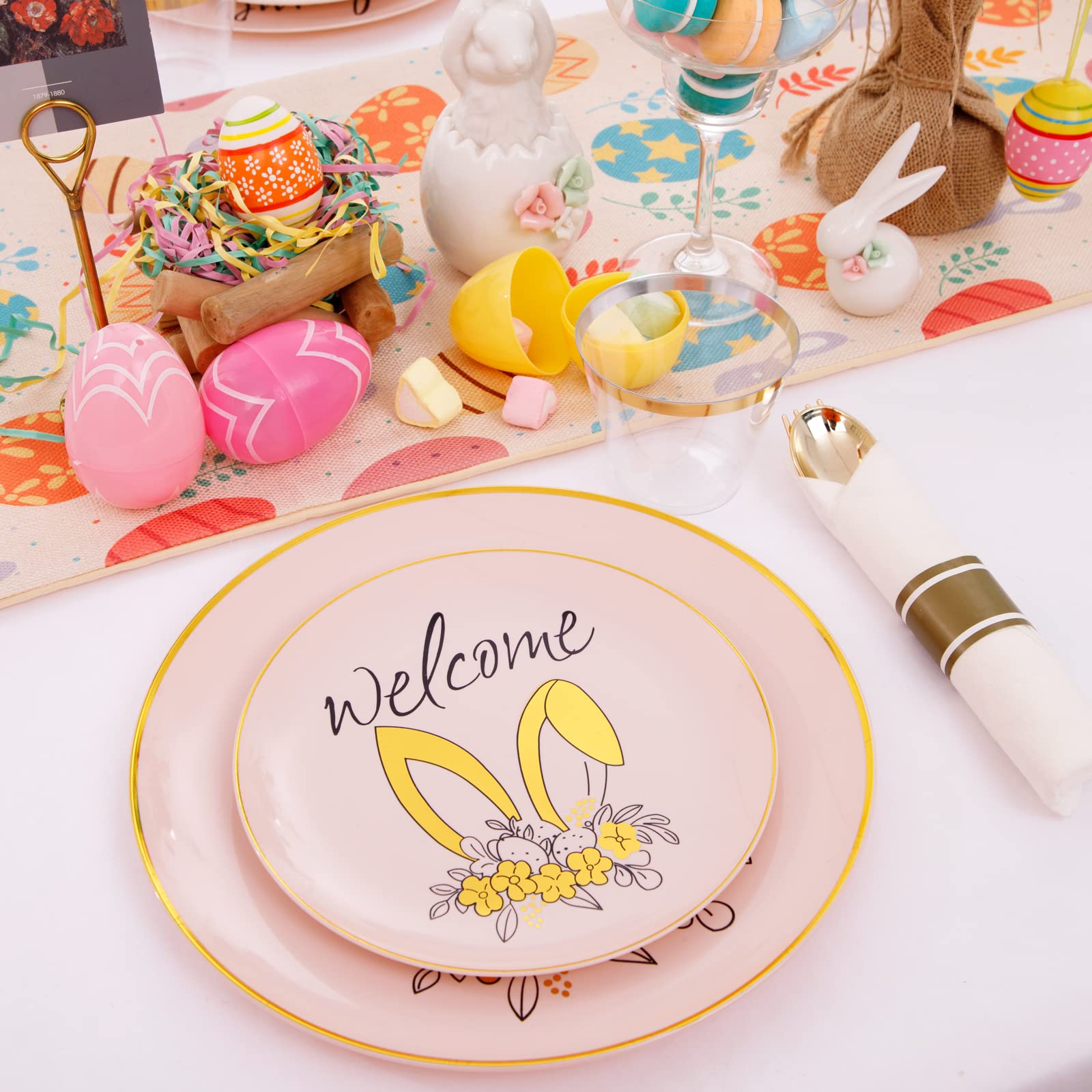 DaYammi 210Pcs White Gold Plastic Plates for Party,Gold Disposable Dinnerware Set Includes 60 gold Floral Plates,30 Plastic Silverware,30 Per Rolled Napkins,30 Cups for Mother's Day Party Wedding