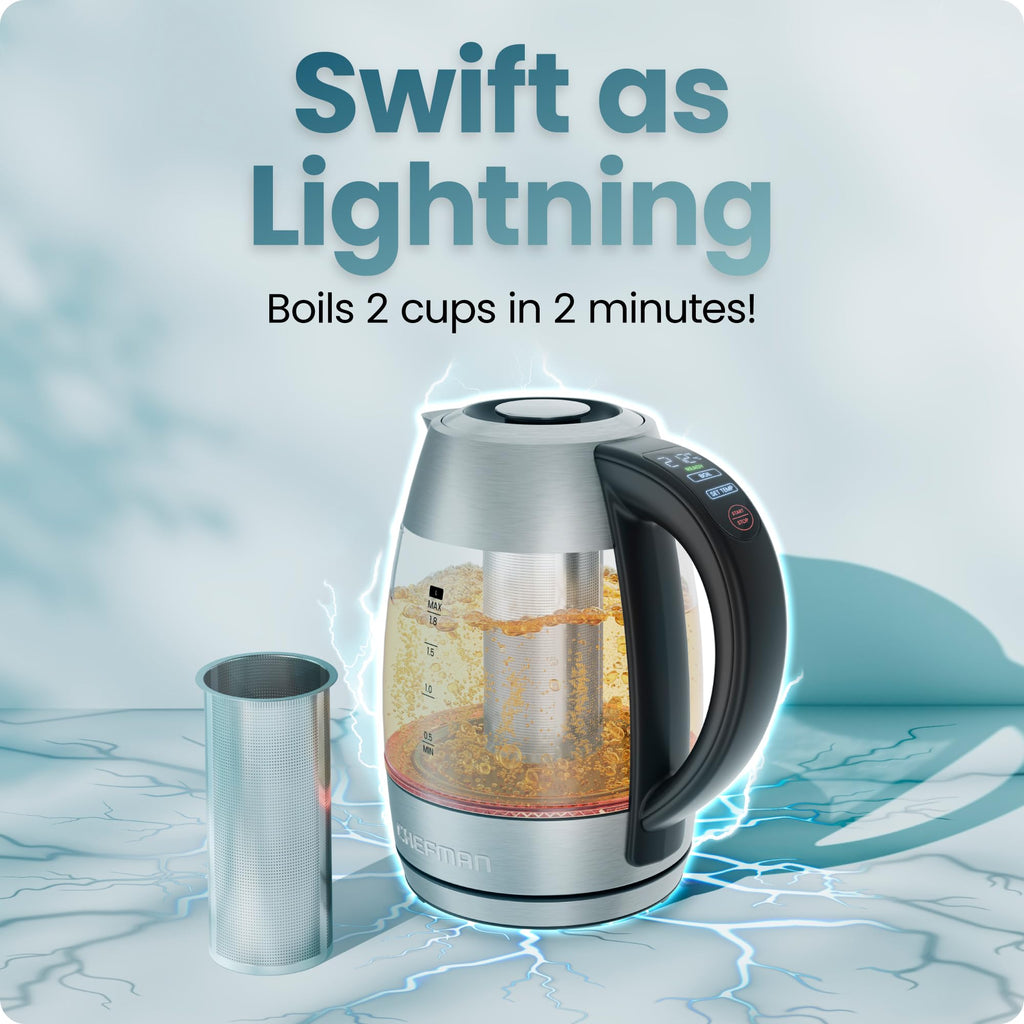 Chefman Electric Kettle, 1.8L 1500W, Hot Water Boiler, Removable Lid for Easy Cleaning, Auto Shut Off, Boil-Dry Protection, Stainless Steel Filter, BPA Free, Borosilicate Glass Electric Tea Kettle