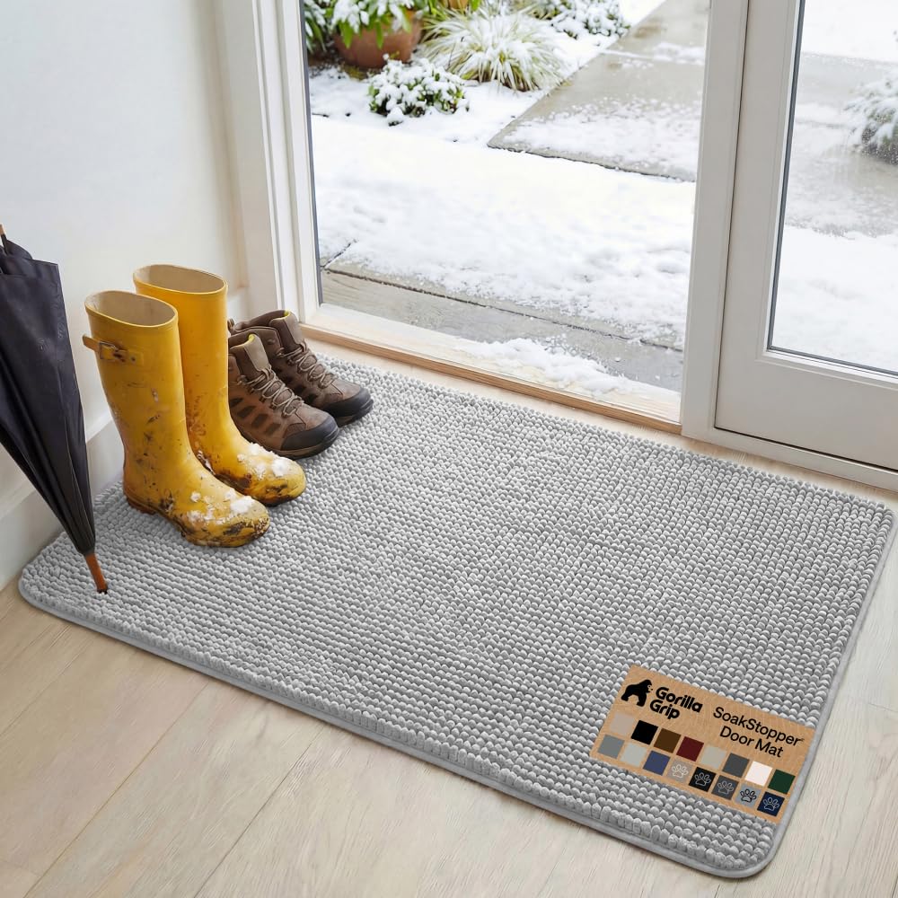 GORILLA GRIP SoakSTOPPER Dog Door Mat, Machine Washable Rug Absorbent Doormat Captures Moisture Mud Dirt, Quick Dry Soft Chenille Entryway Rugs Indoor Entrance Mats for Dog Paws, 24x17 Grey
