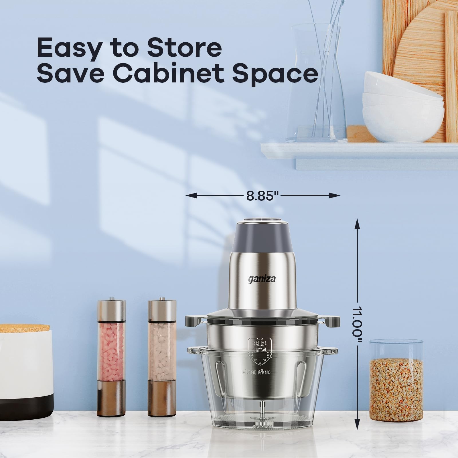 GANIZA Procesadores de alimentos, picadora eléctrica de alimentos con picadora de carne y picadora de verduras, 2 cuencos (8 tazas+8 tazas) con potente motor de cobre de 450 W, incluye 2 juegos de