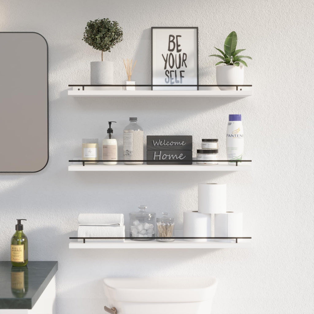 WOPITUES Floating Shelves with Black Metal Guardrail, Shelves for Wall Decor Set of 3, Wall Shelves for Bedroom, Bathroom, Kitchen, Living Room, Plants, Picture Frames, Art- Black