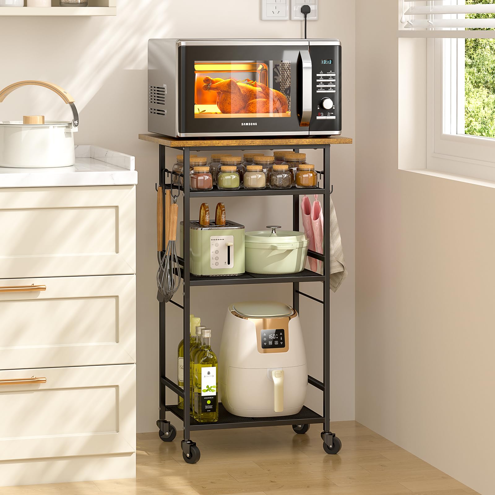 ThreeHio Rolling Kitchen Microwave Cart, 3 Tier Microwave Table Stand with Adjustable Shelf, Kitchen Storage Rack on Wheels, Coffee Station Cart Rack Shelf Organizer for Living Room Office, Balcony