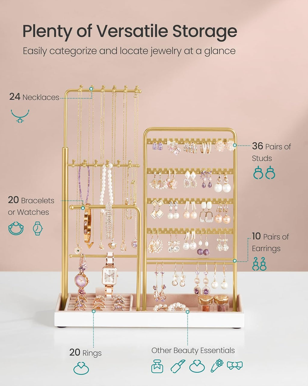 SONGMICS Jewelry Holder, Jewelry Storage Organizer Stand with Metal Frame, Velvet Tray, 12.1 to 18.7 Inches Tall Height Adjustable Necklace Holder, for Rings, Earrings, Pale Gold UJJS026A01