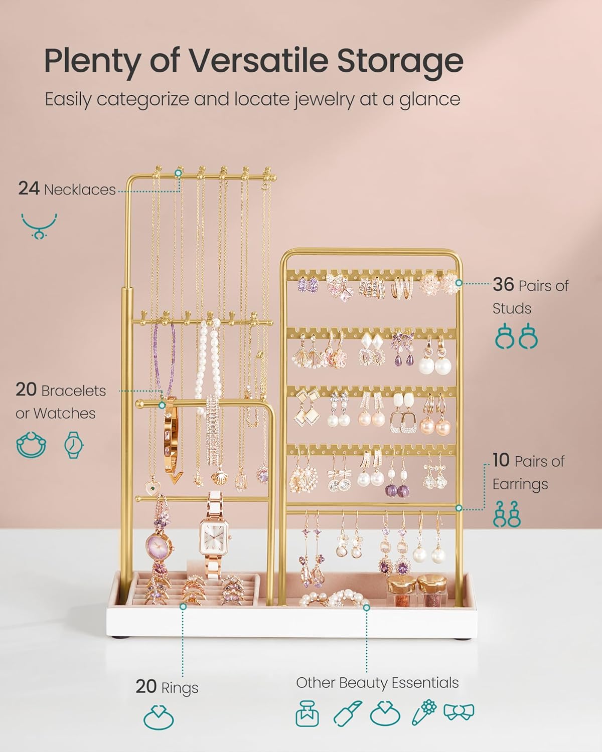 SONGMICS Jewelry Holder, Jewelry Storage Organizer Stand with Metal Frame, Velvet Tray, 12.1 to 18.7 Inches Tall Height Adjustable Necklace Holder, for Rings, Earrings, Pale Gold UJJS026A01