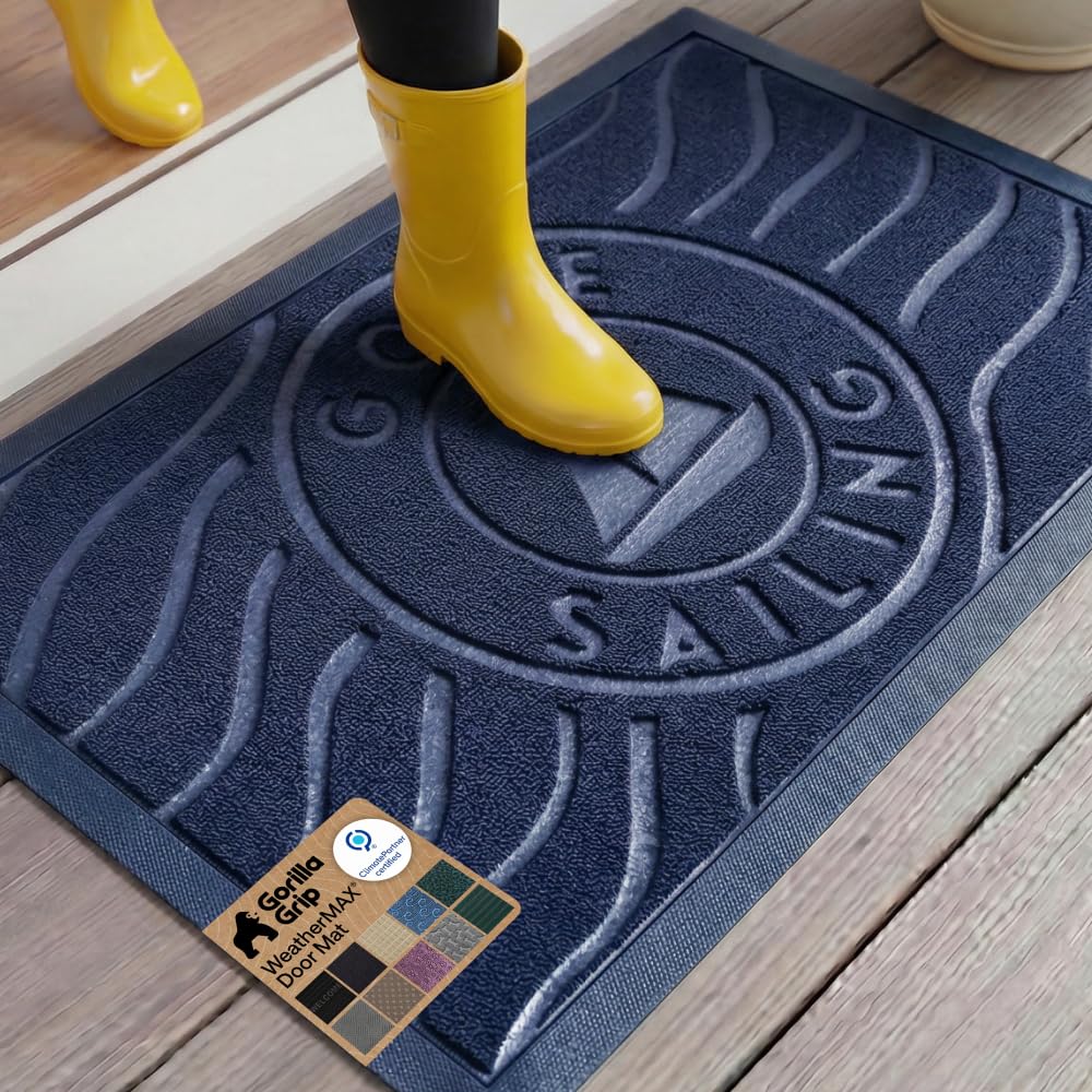 GORILLA GRIP 100% Waterproof All-Season WeatherMAX Doormat US Designed Natural Rubber, Stain Fade Resistant, Low Profile Indoor Outdoor Front Door Mats Outside Entrance, Easy Clean 29x17 Gray Diamond