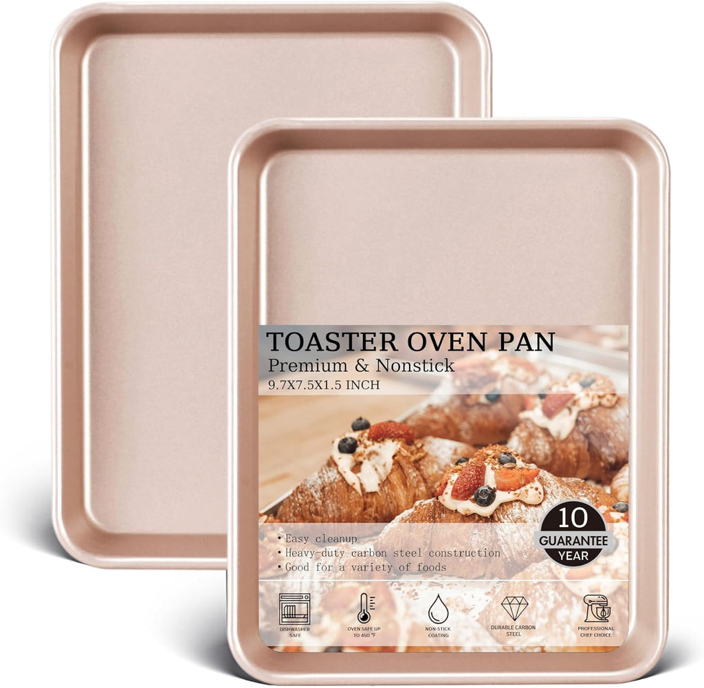 HONGBAKE 2 Pack 9.7"X7.6" Small Cookie Sheet, 57% Thicker Nonstick 1/8 Toaster Oven Pans, Heavy Duty Cookie Sheet Pan Set, Baking Sheet, Rose Gold