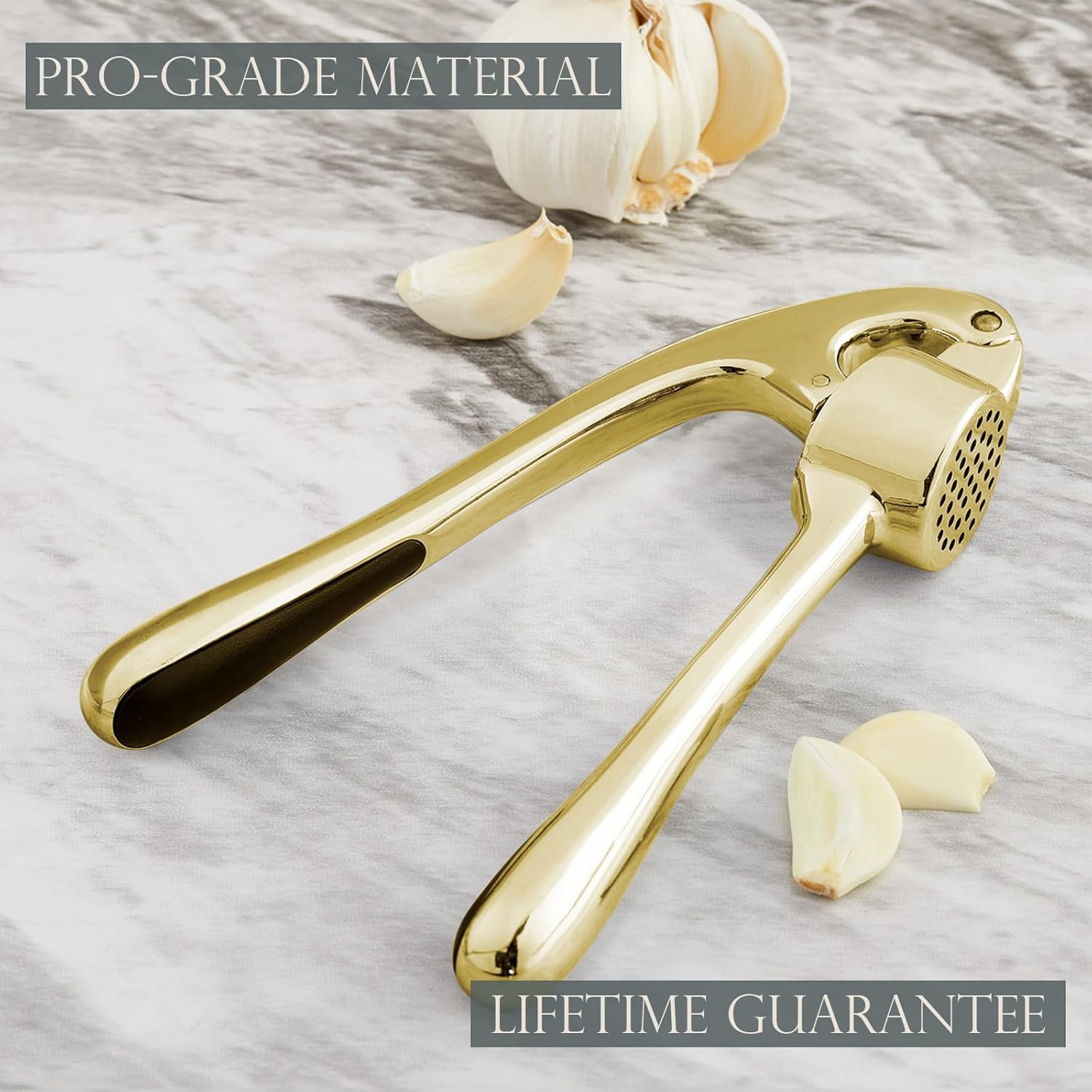 Kitessensu High Effective Premium Garlic Press Set, With Silicone Garlic Peeler & Brush, Heavy Duty Garlic Mincer, Easy to Squeeze and Clean, Rust Proof & Dishwasher Safe - Gold
