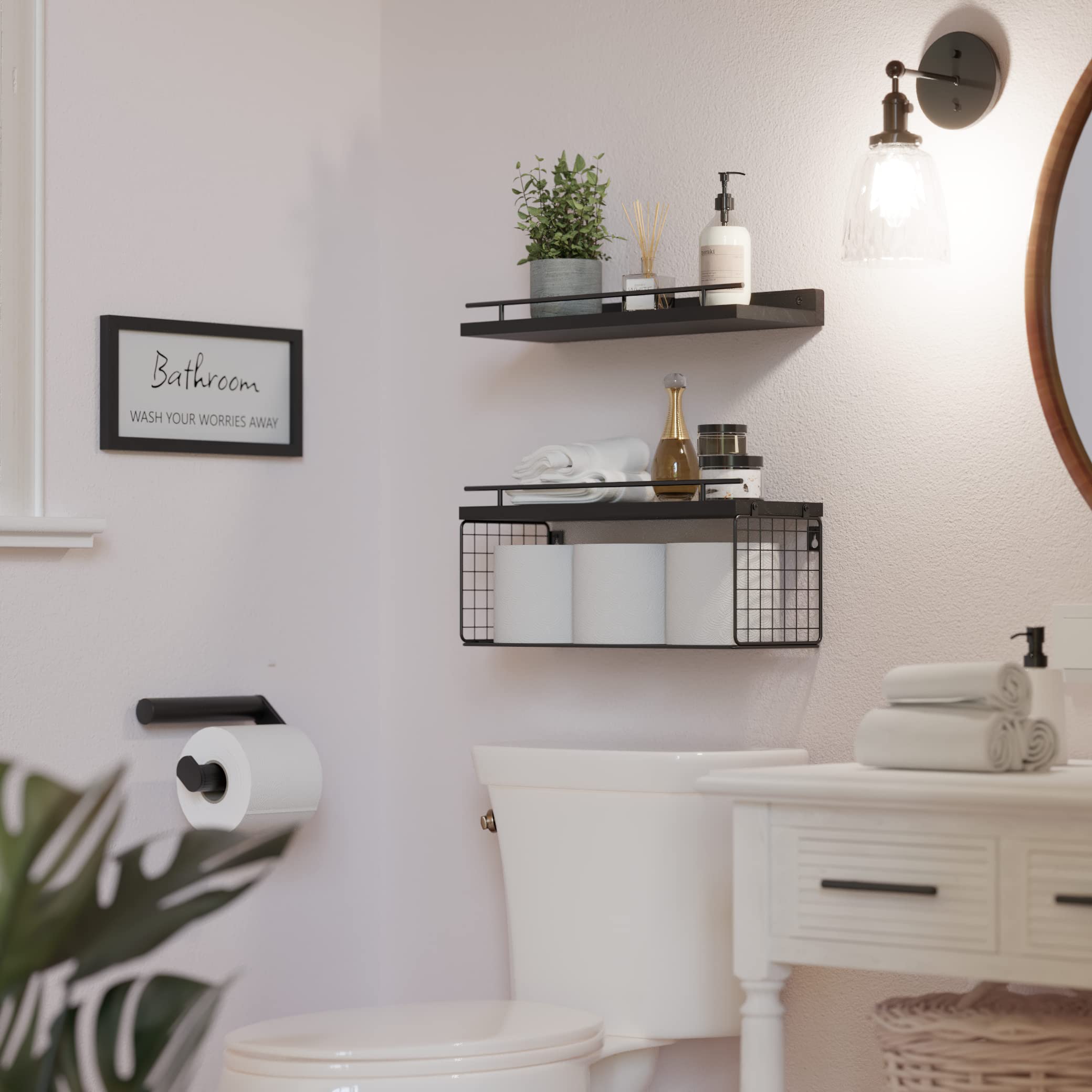 WOPITUES Floating Shelves for Wall Decor Sign, Bathroom Organizers and Storage, Bathroom Shelves Over Toilet with Metal Guardrail-Black