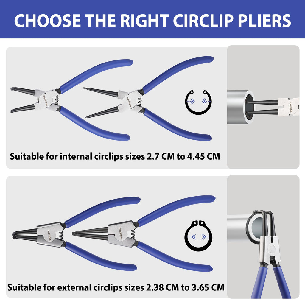 WORKPRO 4-Piece Snap Ring Pliers Set - Heavy Duty 7-inch Internal/External Circlip Pliers Kit (Tip Diameter 5/64'')-Straight/Bent Jaw - Cr-V Steel - For Ring Remover Retaining- Storage Pouch Included