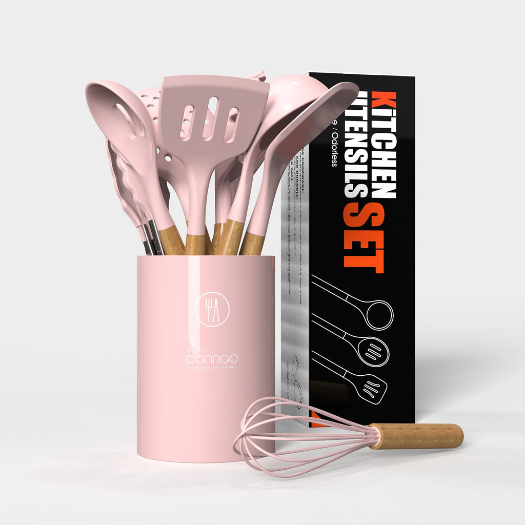oannao Silicone Cooking Utensils Kitchen Utensil Set - 446°F Heat Resistant Silicone Kitchen Utensils Set, Spatula,Turner Tongs, Spoon, Whisk,Kitchen Gadgets for Nonstick Cookware, BPA Free (Gray)