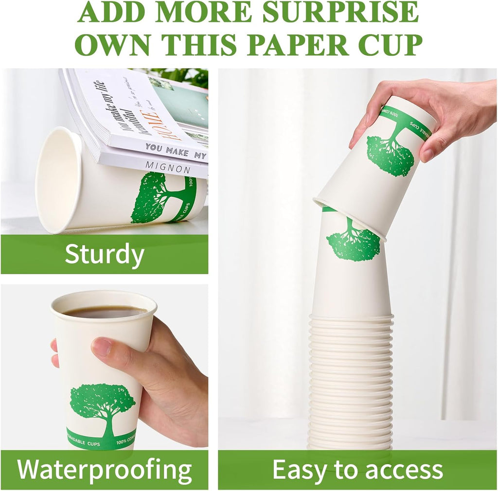 Vplus 150 Pack Compostable Disposable Paper Plates 10.25 inch and 240 Pack 16 oz Compostable Paper Cups