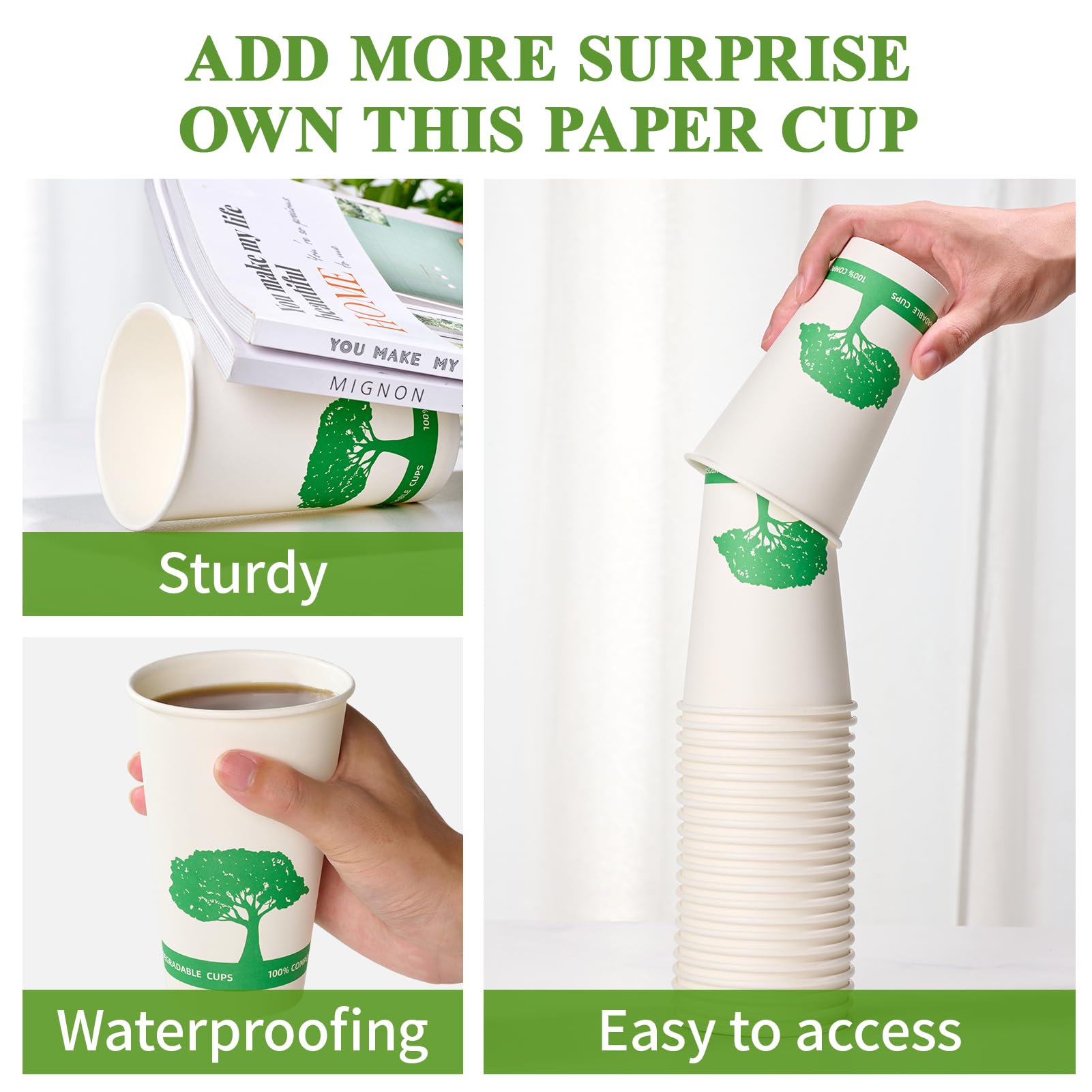 Vplus 400 Pack Compostable Paper Cups, 8 oz Paper Coffee Cups, Biodegradable Disposable Paper Cups, Eco-friendly Hot Drinking Cups for Party, Picnic,and Events