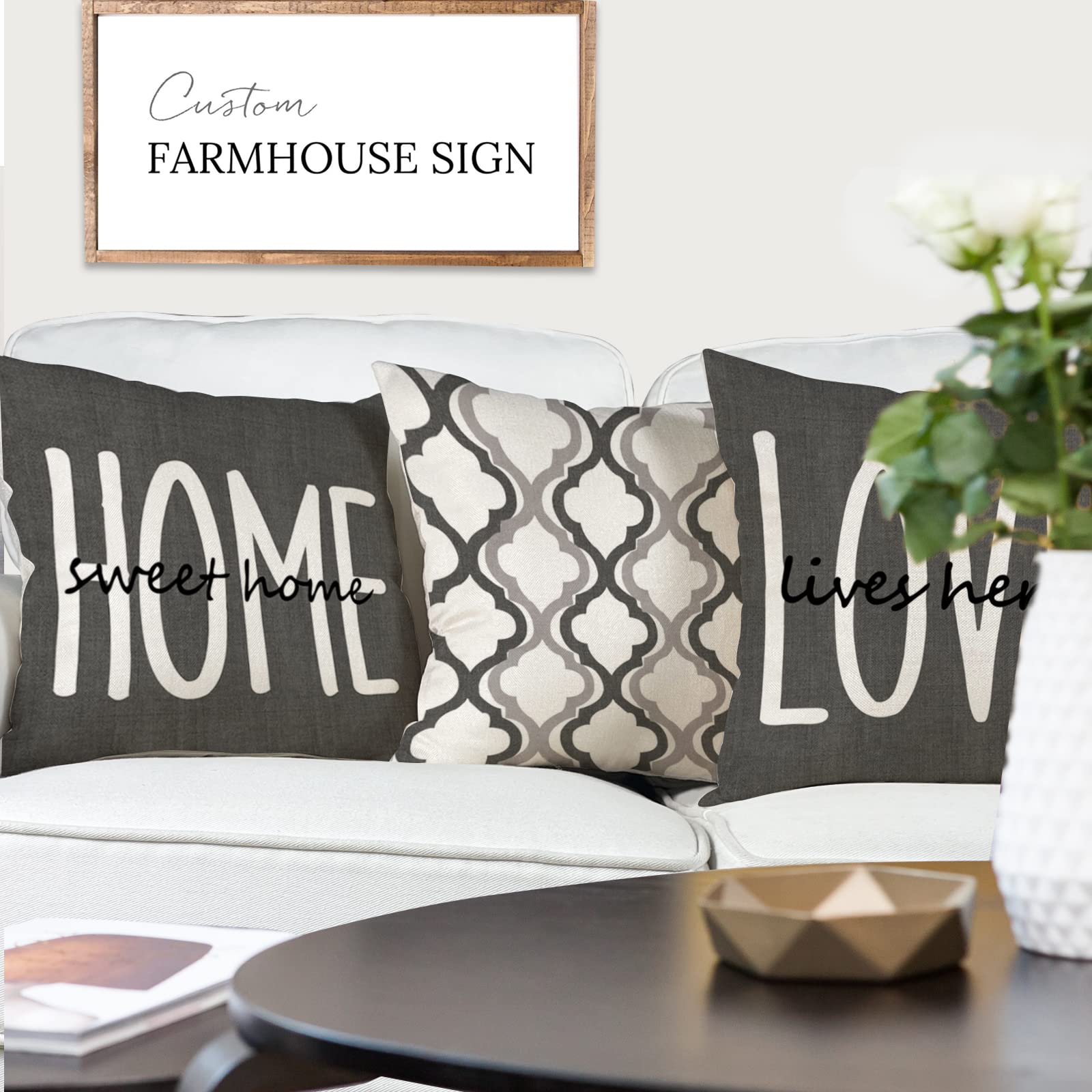 YCOLL Farmhouse Pillow Covers 18x18 Set of 4 Throw Pillow Covers Rustic Linen Decorative Pillows Square Cushion Covers for Couch Sofa Bedroom Home Decor