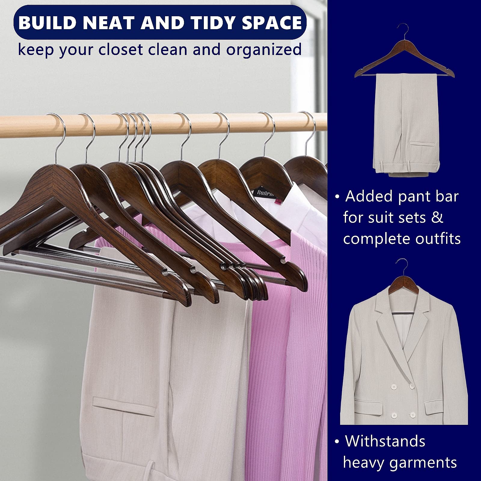 Amber Home 30 Pack Wooden Coat Hangers, Natural Wood Suit Hangers with Non-Slip Pant Bar, Clothes Hangers for Closet Organization, Shirts, Jackets, Dresses, and Pants (Natural, 30)